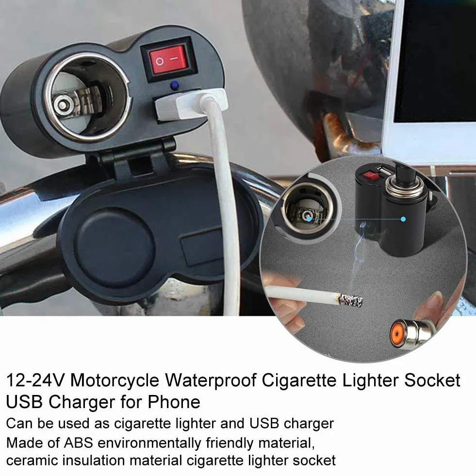 Cryfokt 12-24 V Gniazdo Zapalniczki Motocyklowej Ładowarka USB Wysoki Prąd Wyjściowy do Telefonów Wodoodporna Obudowa Nadaje się do Samochodów, Motocykli Materiał ABS