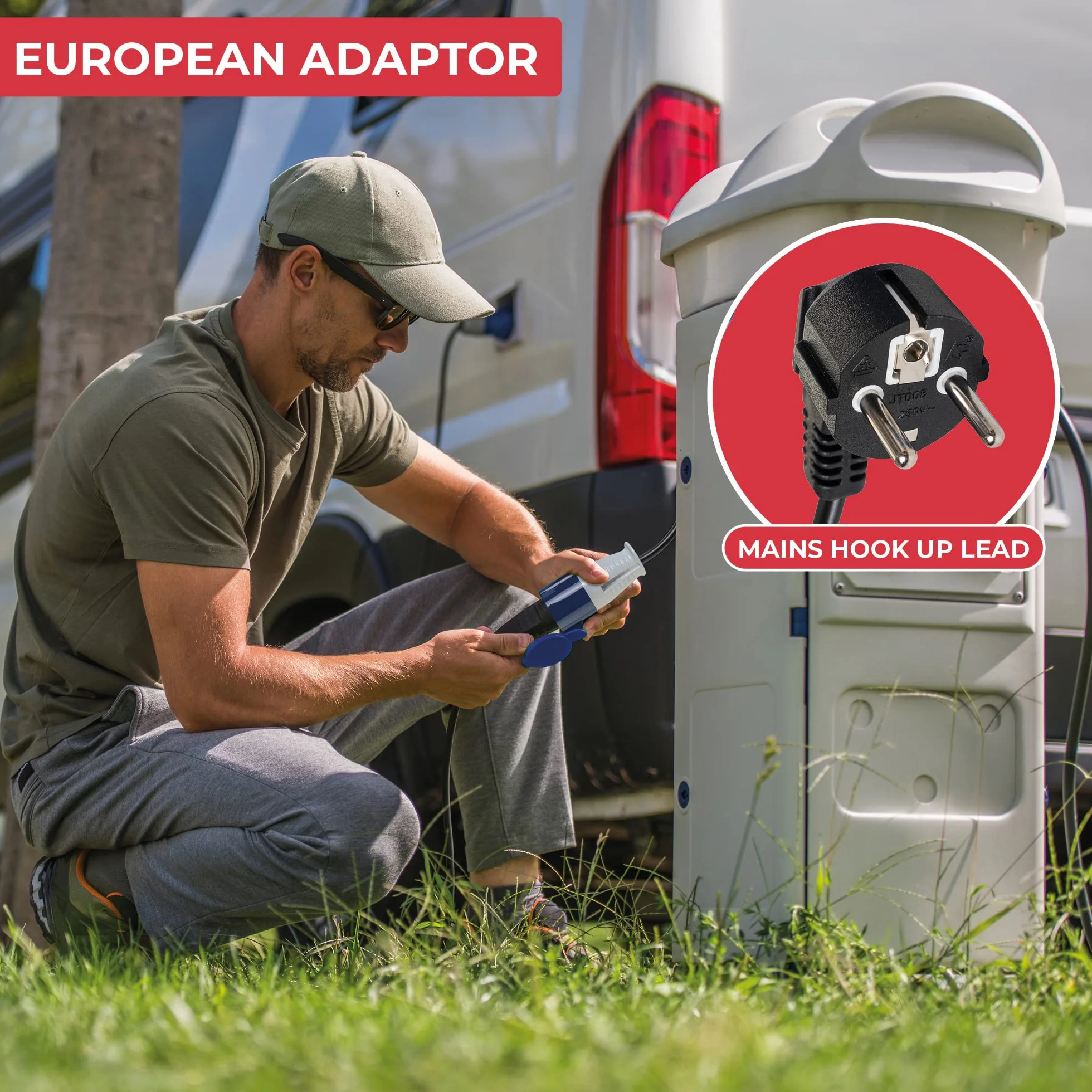 GADLANE Adapter wtyczki kempingowej 16 A – europejski elektryczny adapter kempingowy, wodoodporność IP44 – zewnętrzna wtyczka CEE do samochodu kempingowego do podłączenia do kempingu, długość 35 cm