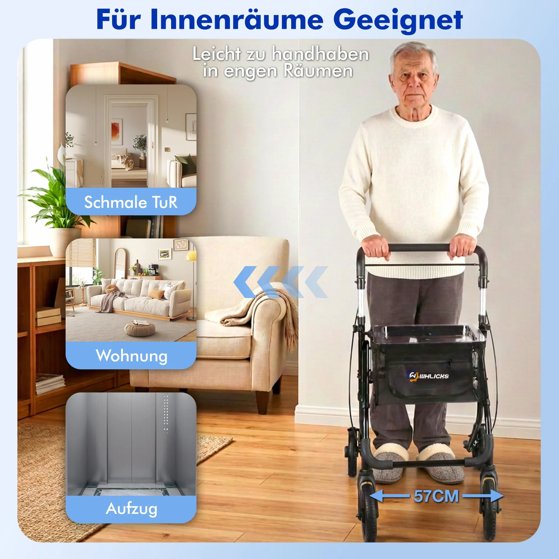 Aluminiowy Rollator Składany Wąski do Mieszkania z Torbą i Tacą, Regulacja Wysokości, Antypoślizgowa Opona