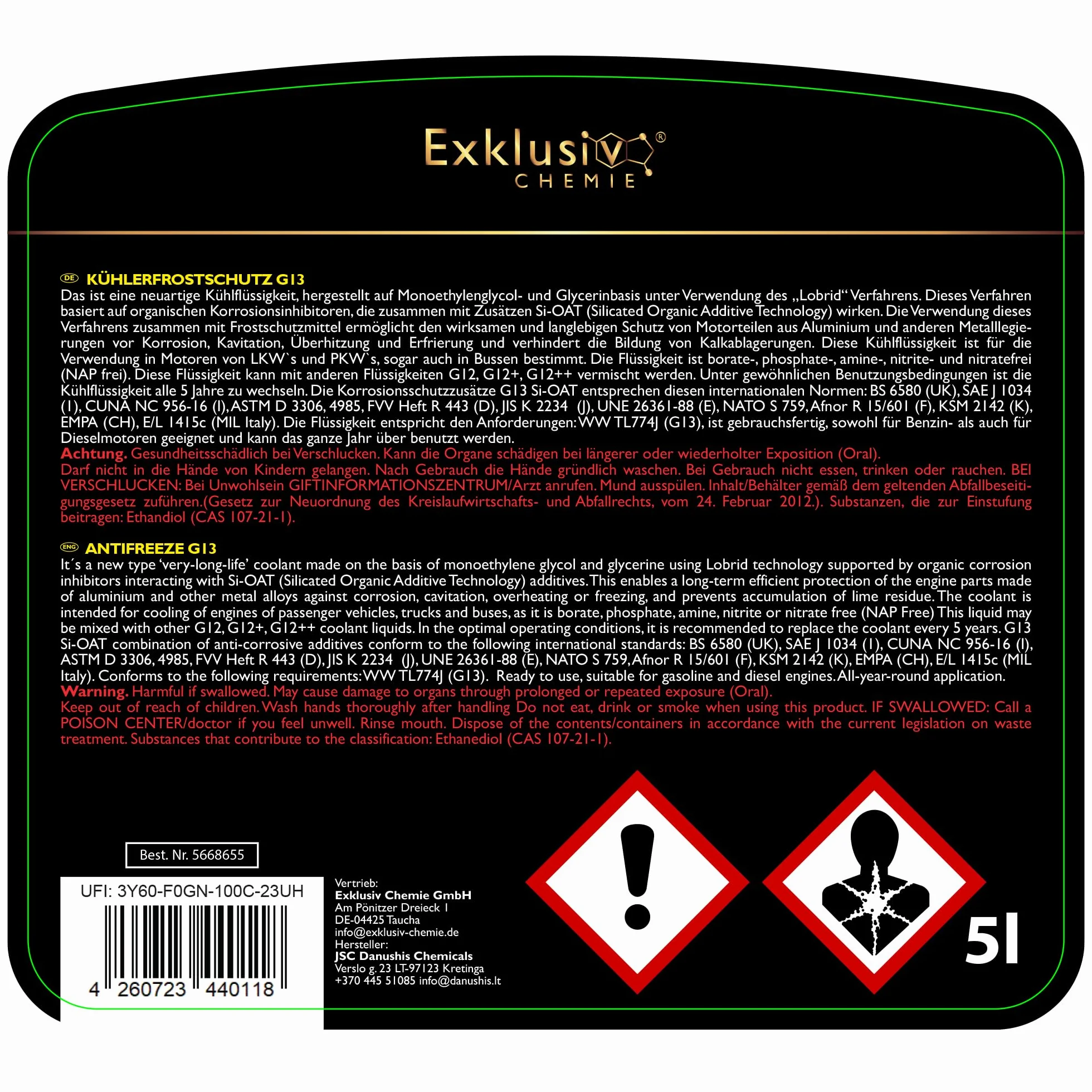 Exklusiv Chemie 5 liter G13 Radiator Antifreeze 5 år | Kylvätska bil till -40° | G13 Coolant car | Klar för användning | Långvarigt skydd av motordelar