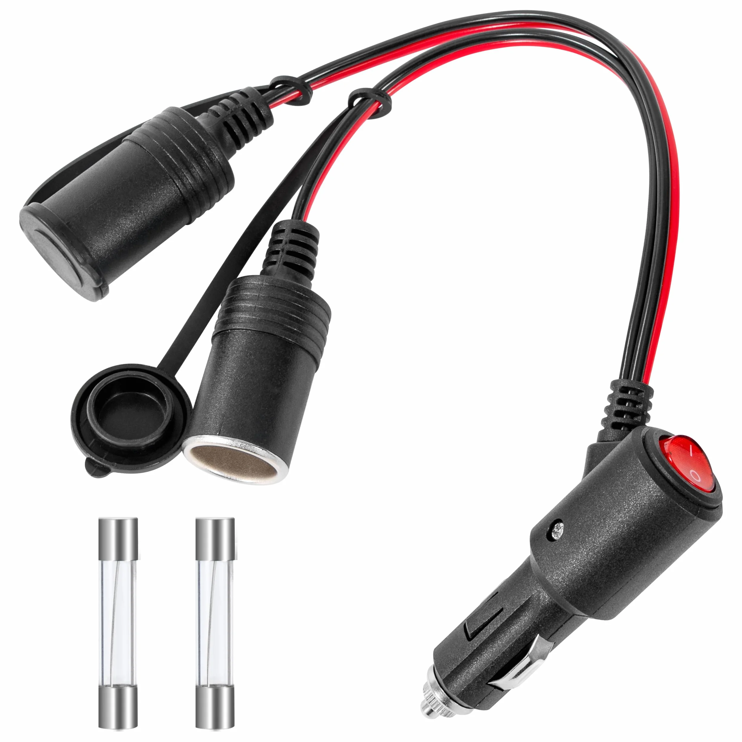 Rozdzielacz do zapalniczki samochodowej 12 V/24 V gniazdo zapalniczki samochodowej adapter z przełącznikiem 20 cm 20 AWG kabel przedłużający 1 do 2 rozdzielaczy z bezpiecznikiem 15 A do