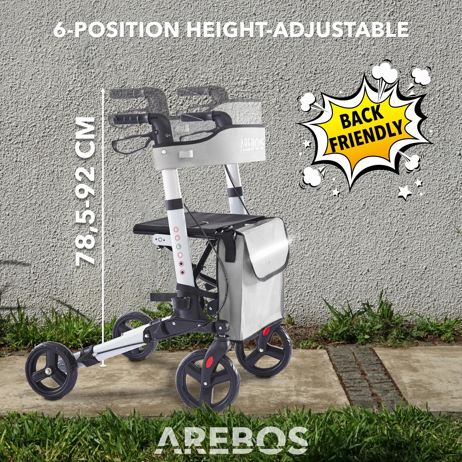 Arebos Rollator 4 Koła Składany z Siedziskiem i Oparciem, Regulacja Wysokości, Torba na Zakupy, Maks. 136 kg