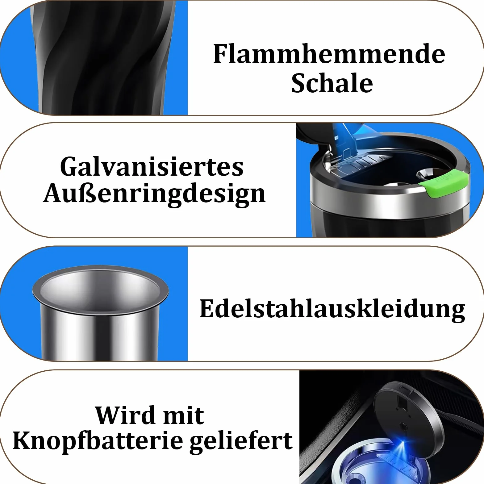Popielniczka samochodowa, 2 sztuki, z pokrywką, kosz na śmieci z oświetleniem LED, przenośna popielniczka ze stali nierdzewnej, duża pojemność, zdejmowana