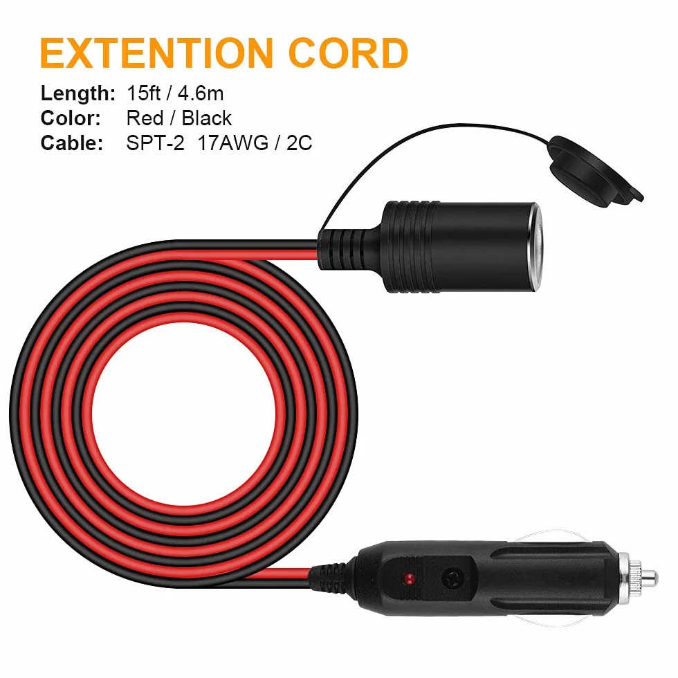 URAQT Kabel Zapalniczki Samochodowej, 12 V/24 V 17AWG Kabel Zapalniczki z 15A Bezpiecznikiem, Kabel Przedłużający do Gniazda Samochodowego (4.6M)