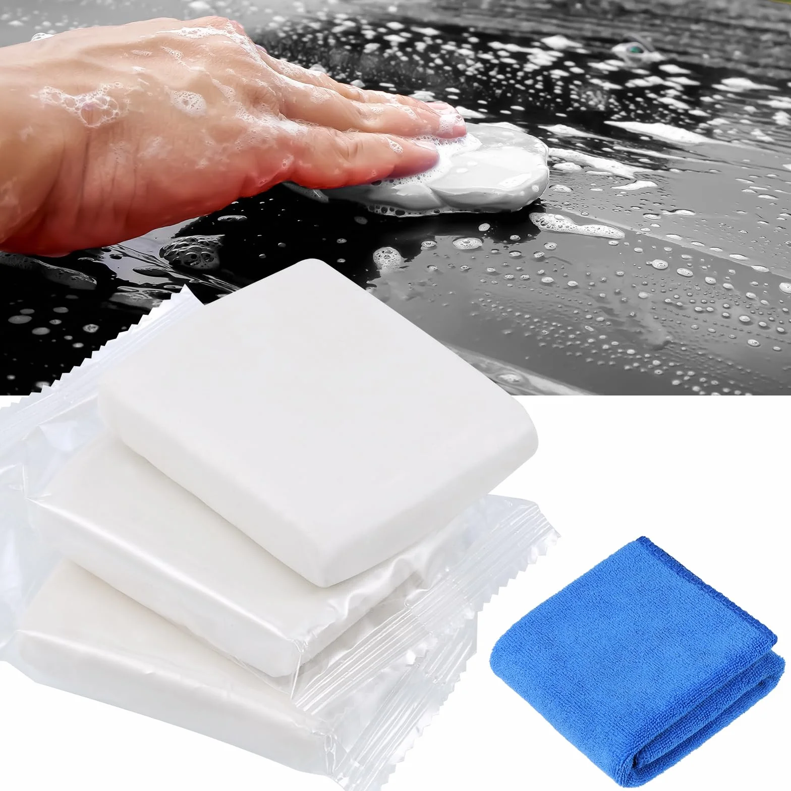 Glina do czyszczenia samochodu, 3 sztuki masy czyszczącej z ręcznikiem, masa do czyszczenia lakieru, Magic Car Clay Bar do czyszczenia felg (300 g, White)