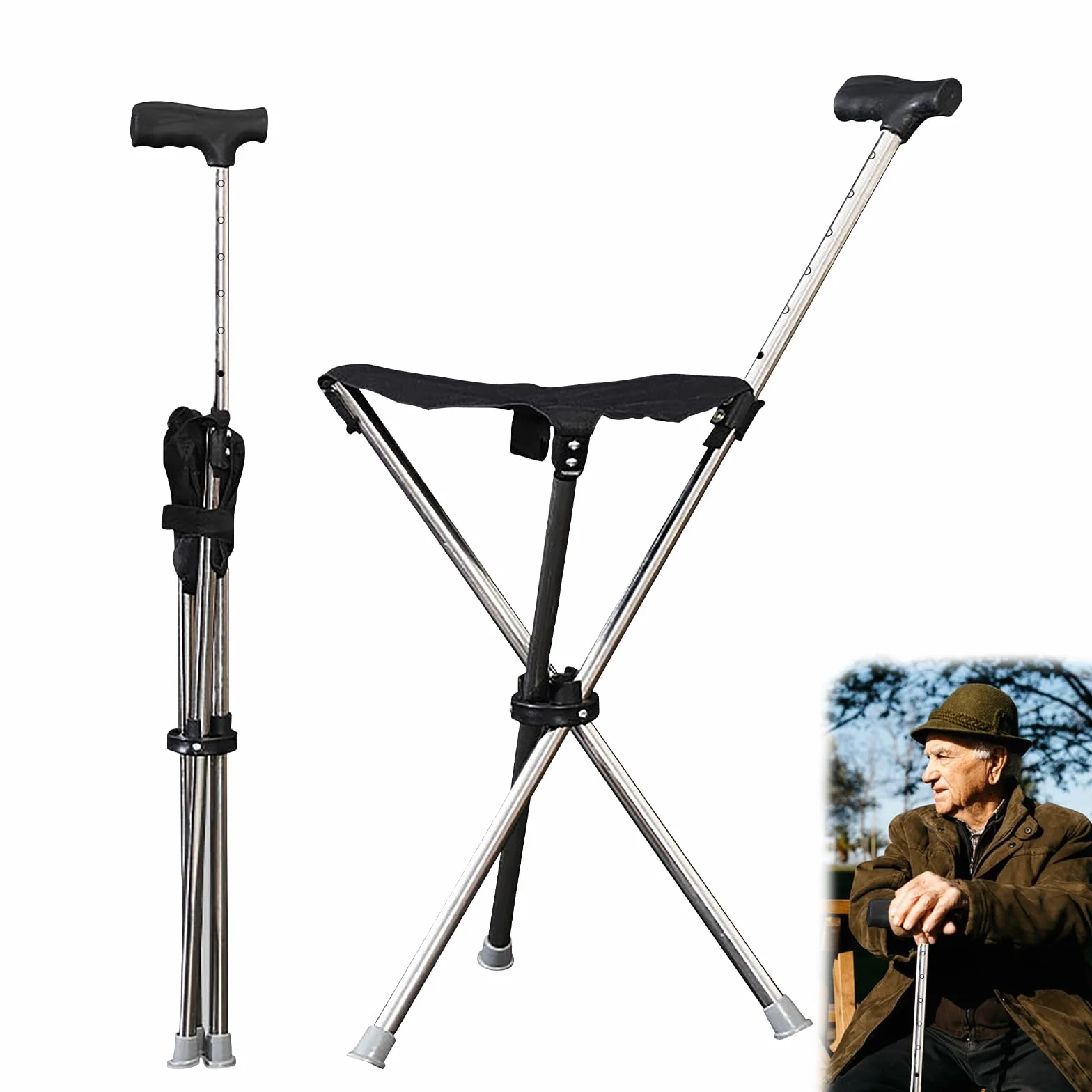 Składany kij z siedziskiem 80-90 cm, antypoślizgowa silikonowa podstawa, nośność 100 kg