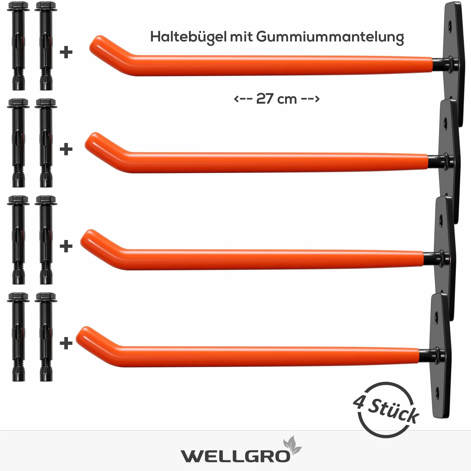 Wellgro uchwyt na opony ścienne, 4 sztuki, w zestawie metalowe śruby i kołki, uchwyt z gumową powłoką, uchwyt na felgi, uchwyt ścienny, ok. 27 x 9 x 5 cm – kolor do wyboru.