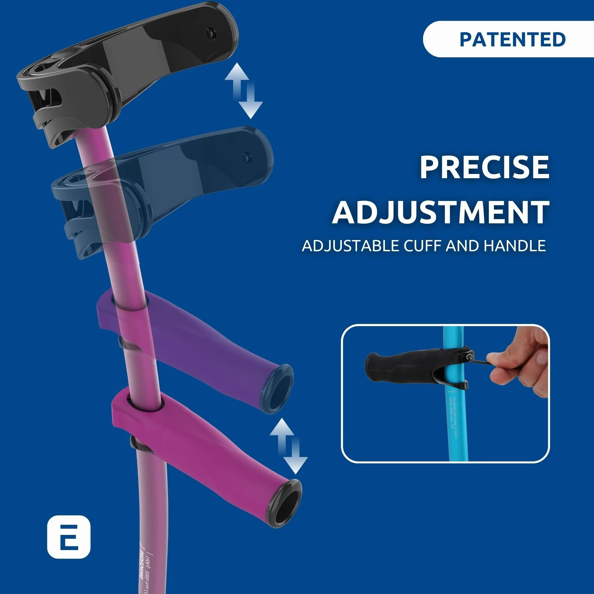 INDESmed aluminiowe kule ortopedyczne z uchylnym łokciem ergonomiczny uchwyt fioletowy L 175-185 cm