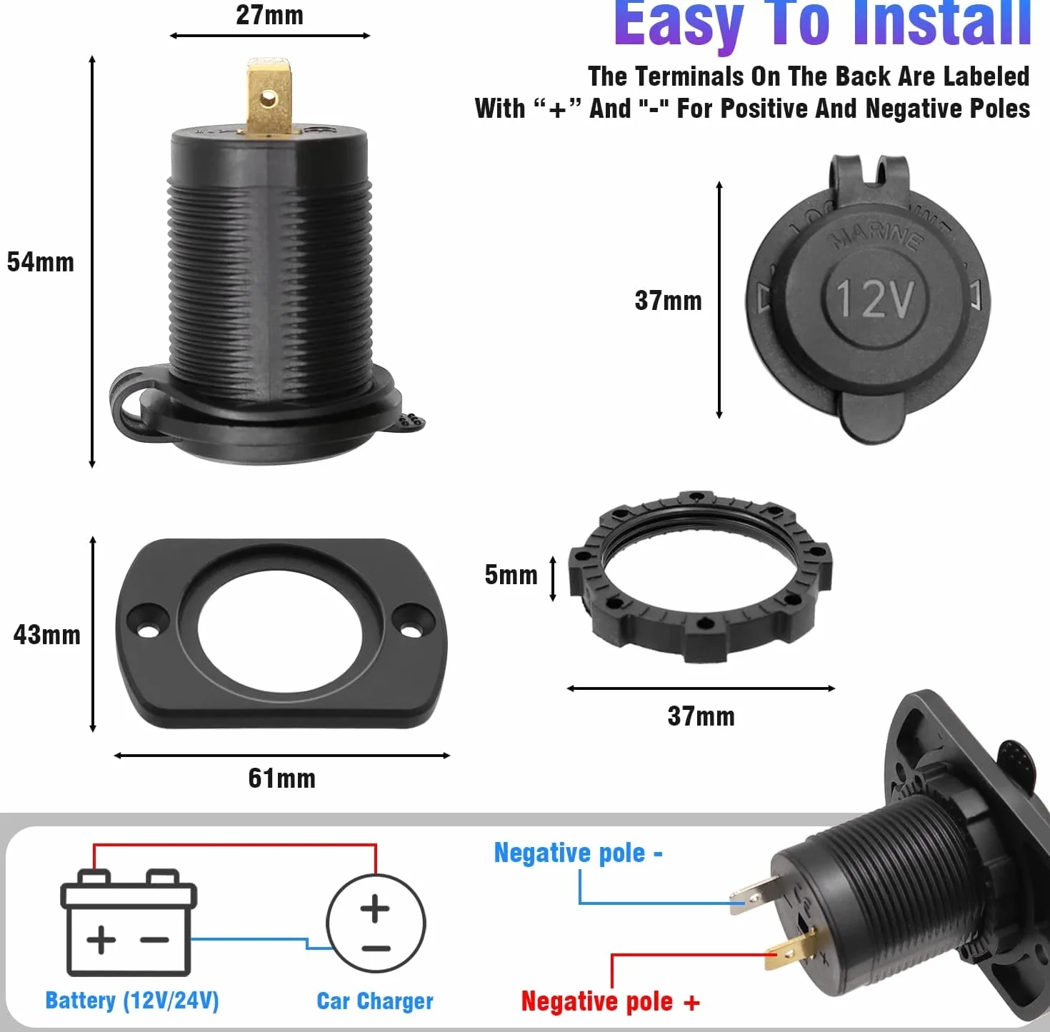 GTIWUNG Gniazdko zapalniczki samochodowej, wodoszczelne, 12 V, 12 V/24 V, prąd stały, panel z kablem przyłączeniowym 18 AWG 60 cm, do motocykla, marynarki, kampera, 2 szt