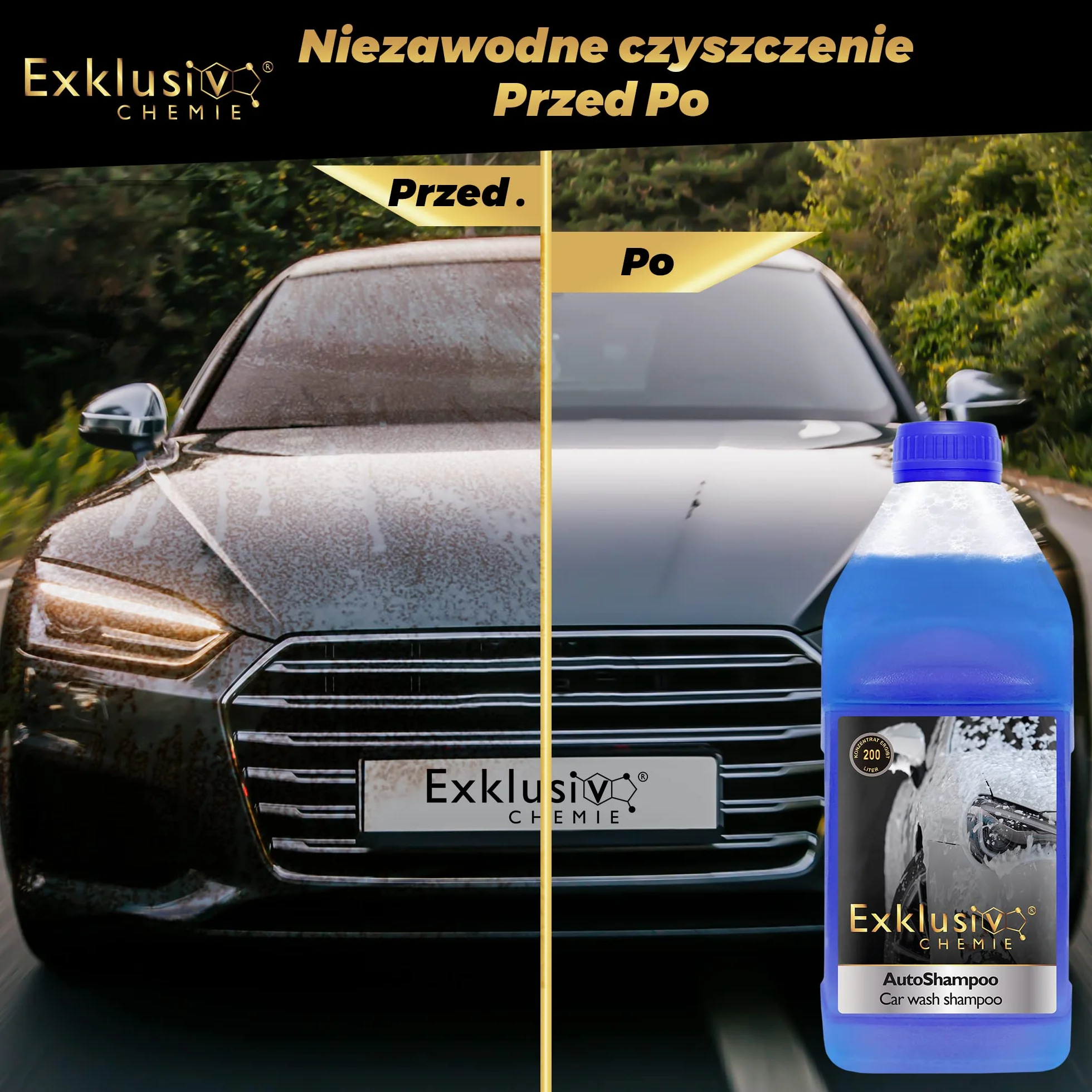 Exklusiv Chemie® Szampon samochodowy koncentrat 1000ml do myjni samochodowej | Szampon samochodowy | Koncentrat myjący o neutralnym pH | Nabłyszczanie lakieru i szyb samochodowych | Wydajność 200 litrów