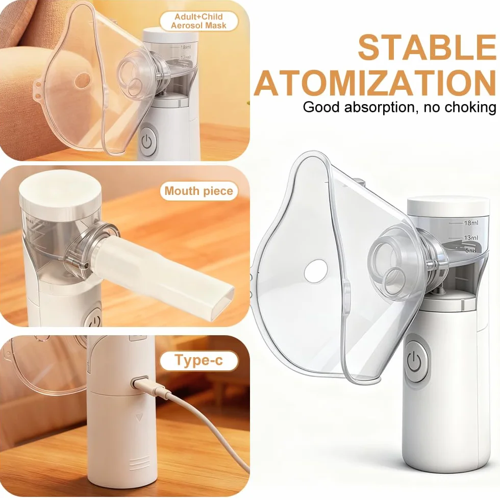Akumulatorowy nebulizator przenośny z 2 maskami i ustnikiem dla dorosłych i dzieci