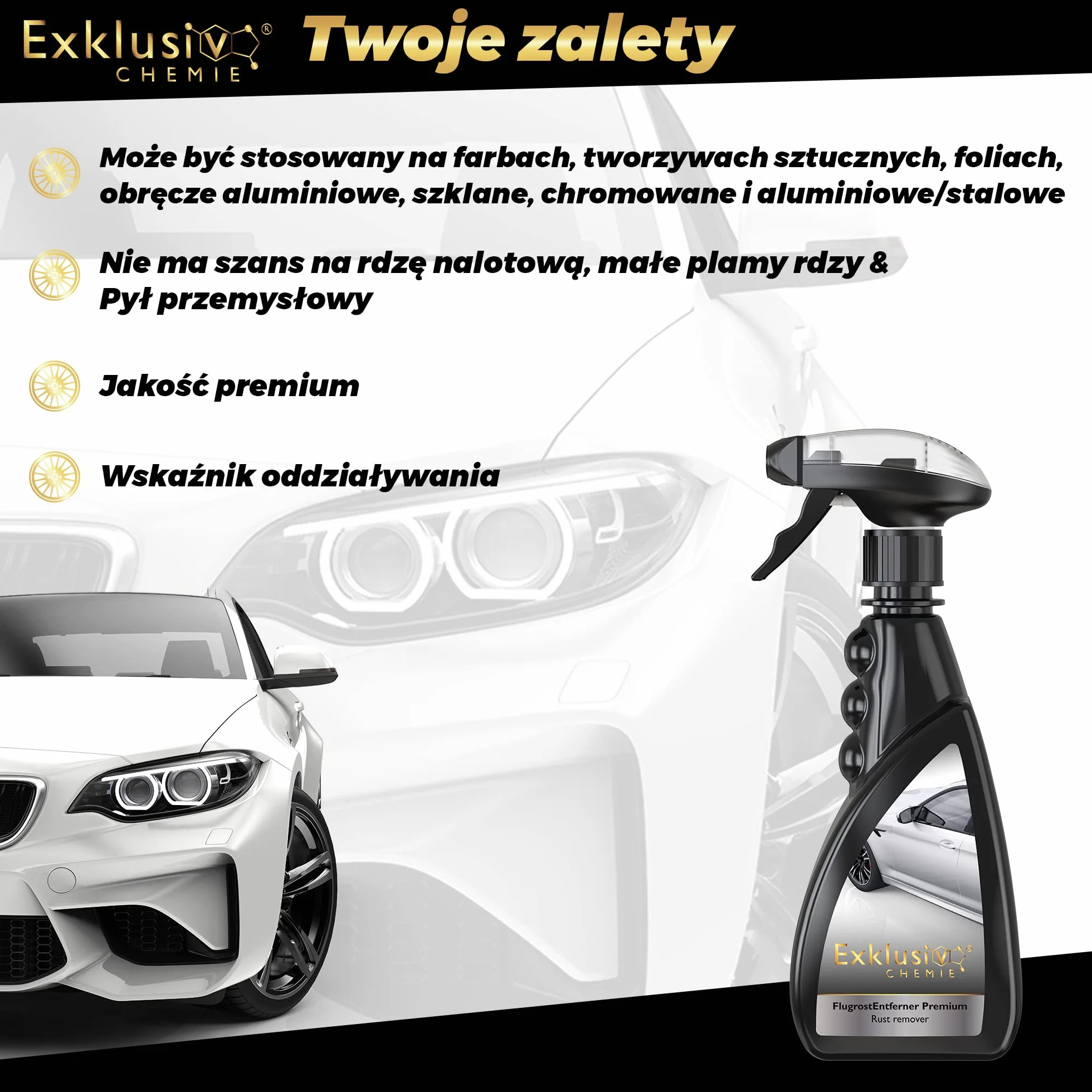 Exklusiv Chemie® Odrdzewiacz Samochodowy Premium 500ml | Środek do usuwania rdzy z lakieru samochodowego | Środek do czyszczenia samochodów usuwający rdzę nalotową, małe plamy rdzy i pył przemysłowy