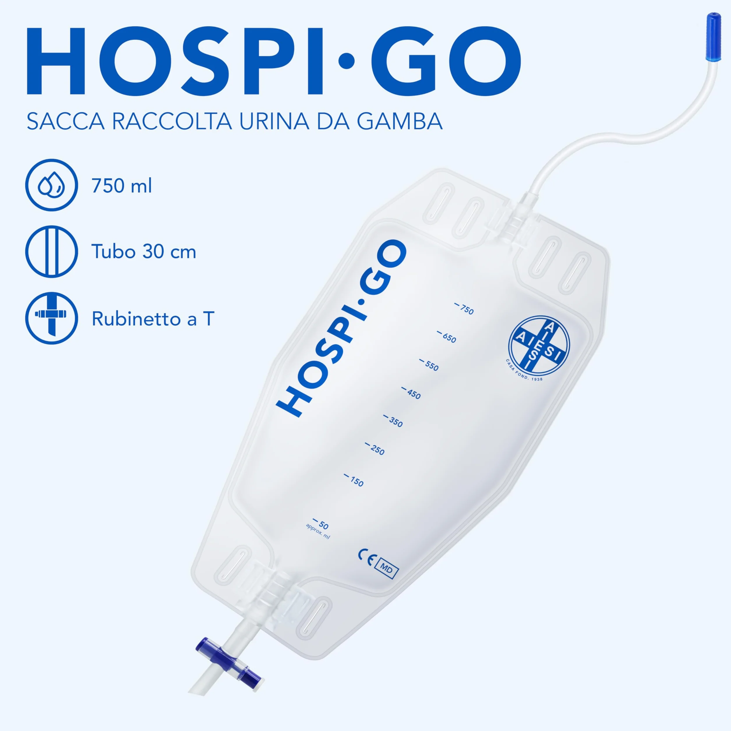 AIESI Worki na mocz 750 ml rurka 30 cm z kranem krzyżowym T i zaworem antyrefluksowym HOSPI-GO opakowanie 10 sztuk