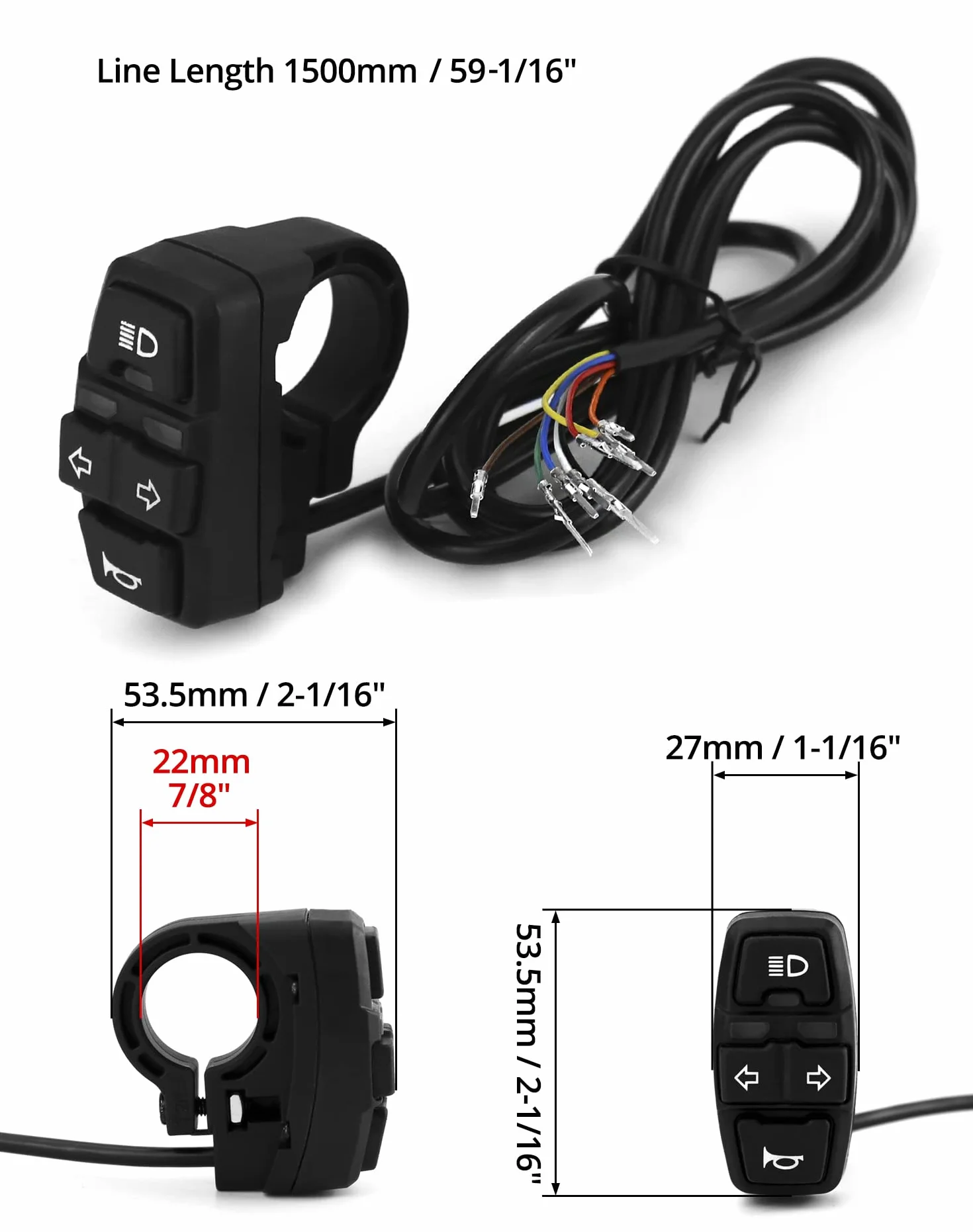 QWORK® Motorcycle Head Light Turn Switch, 3-in-1 Bike Headlight Horn on/Off Control Switch, 7/8" Motorcycle Handlebar Control Switch, for Scooter Electric Bike
