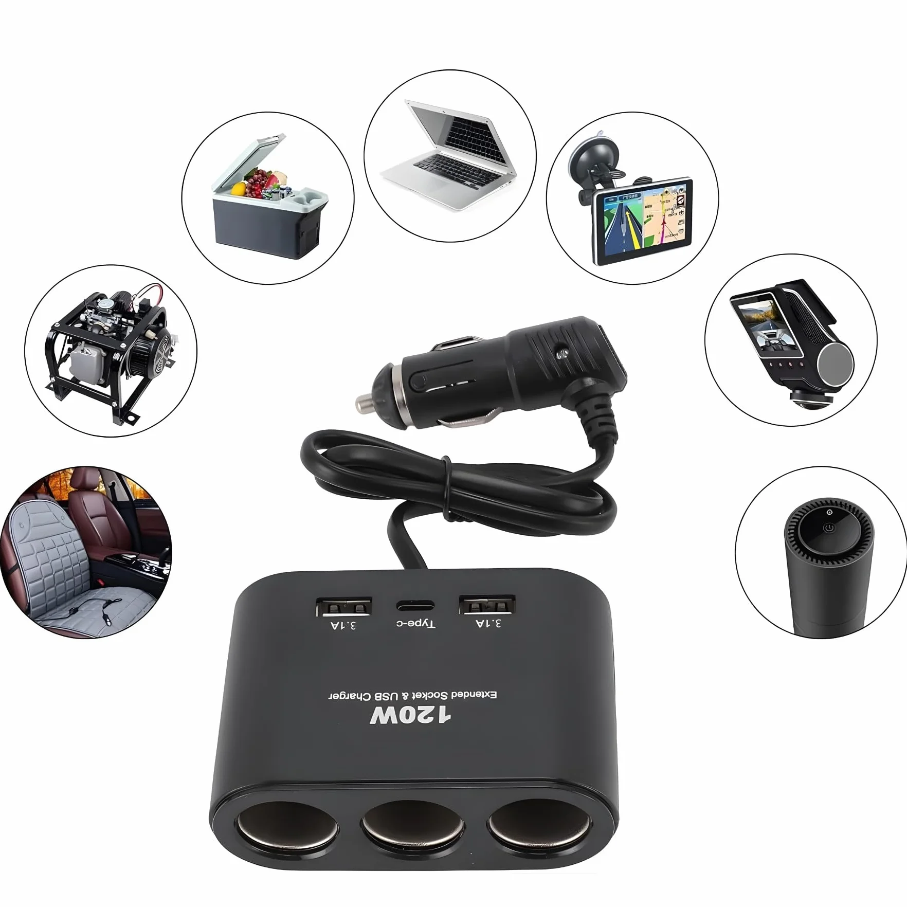 Retoo rozdzielacz zapalniczki 3-gniazdowy, ładowarka samochodowa z 2x USB 1x Type C, adapter z kablem splitter 23cm, gniazdo 12V 24V 120W Power Delivery Quick Charge do samochodu, ciężarówki, campera