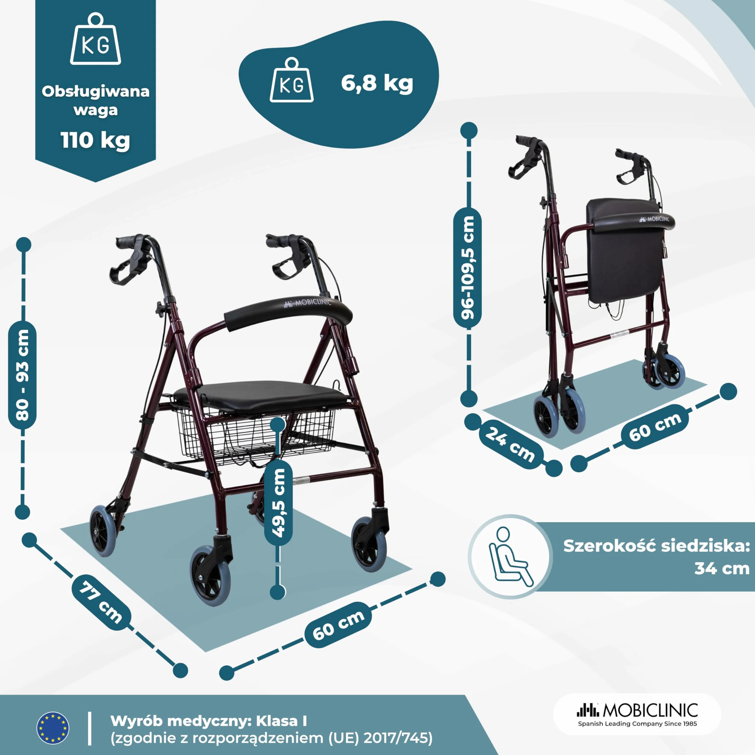 Mobiclinic Escorial Chodzik Składany Aluminium 4 Koła Hamulce na dźwigniach Siedzisko i oparcie Bordeaux