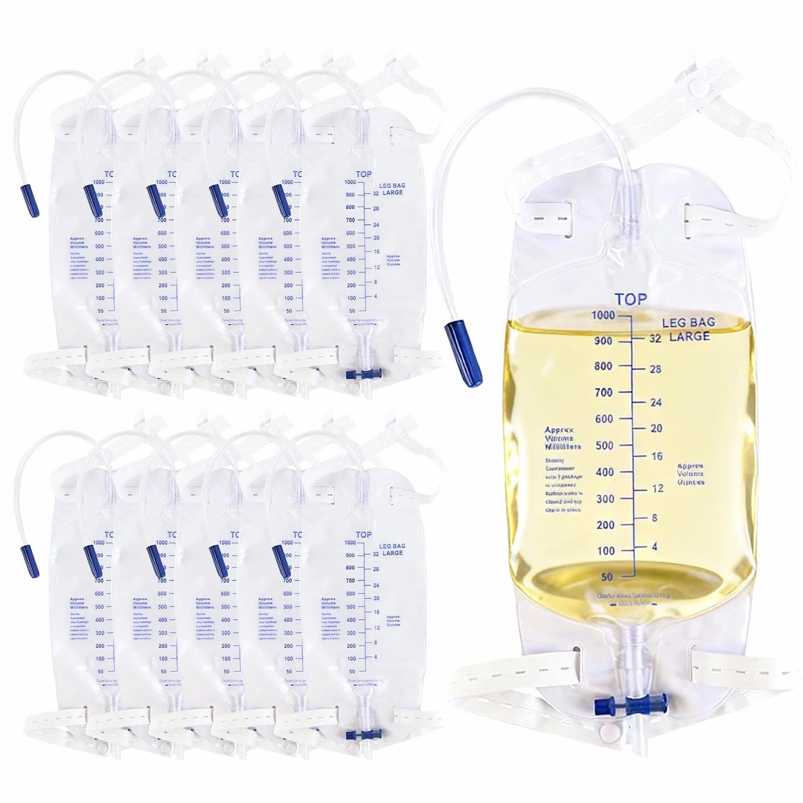 Worki na mocz 1000 ml z zaworem zapobiegającym refluksowi, cewnik 30 cm, 10 sztuk