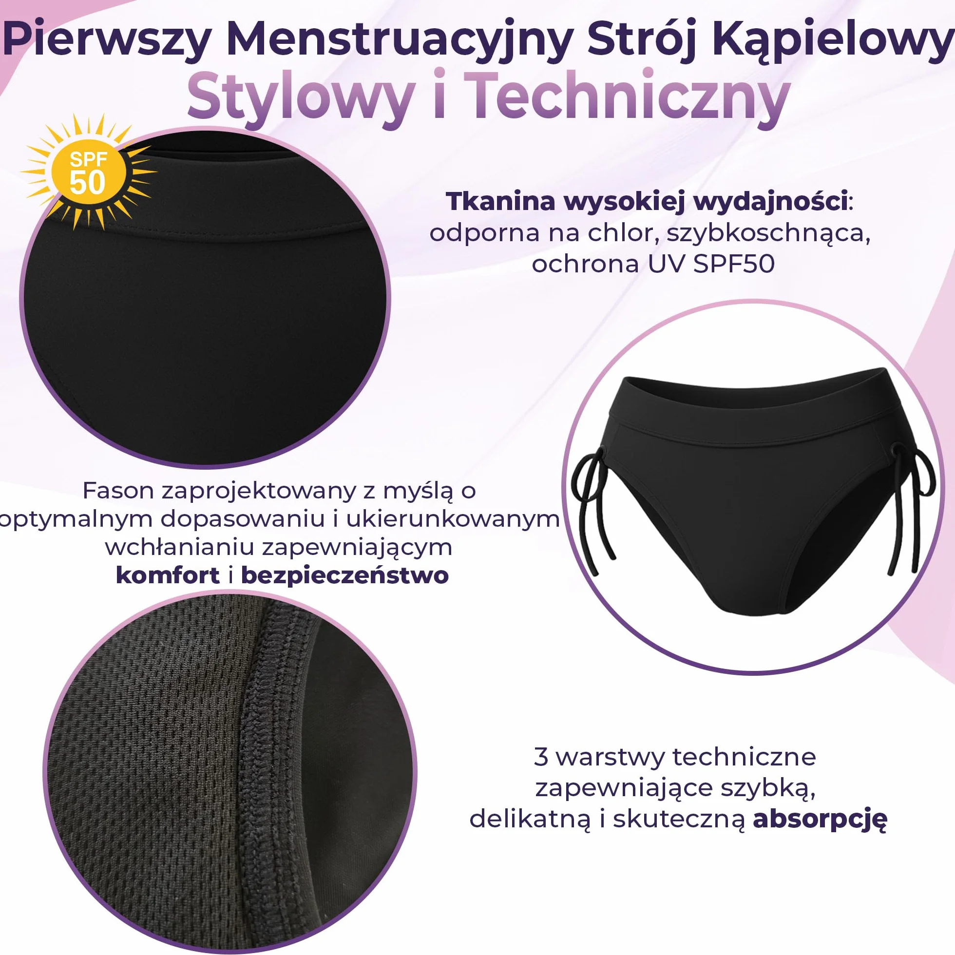 Strój Kąpielowy Menstruacyjny Damski AquaSecure Lekki Średni Przepływ Wielorazowy OEKO-TEX