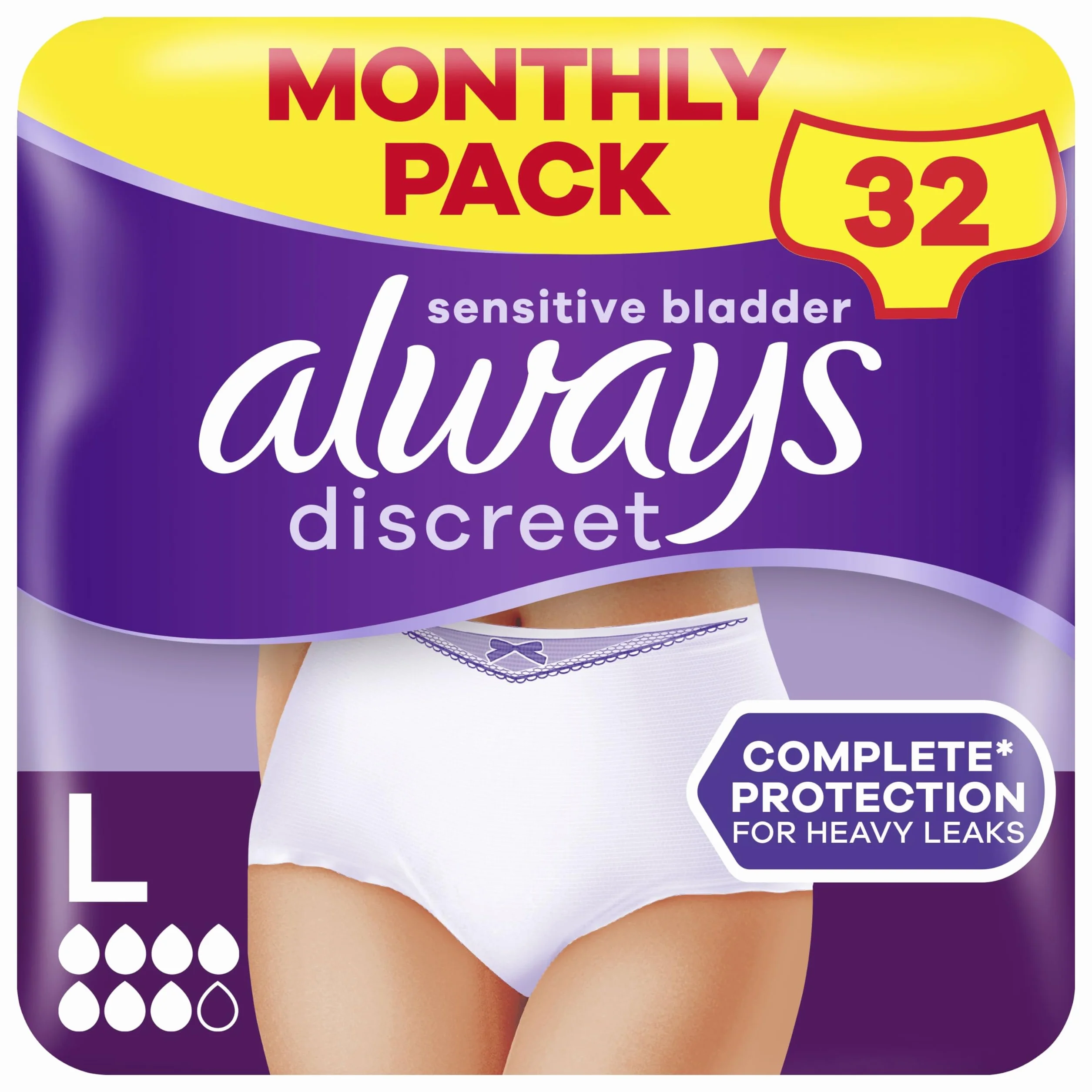 Always Discreet Plus Bielizna na nietrzymanie moczu, rozmiar L, 4 x 8 sztuk, ochrona przed przeciekami i zapachami