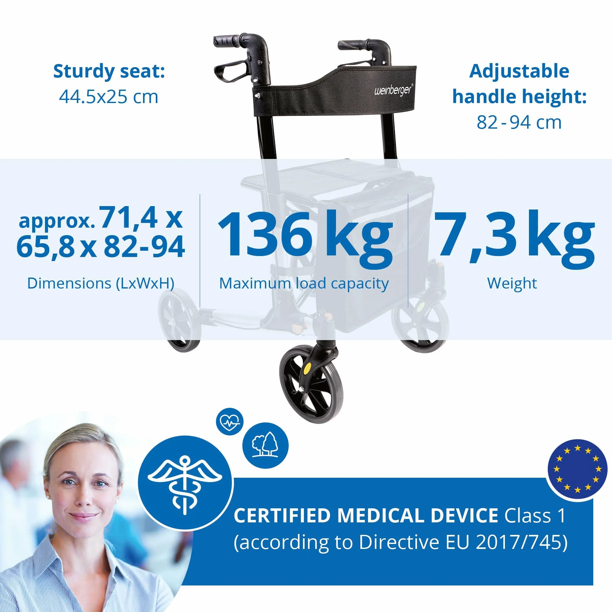 WEINBERGER leichter klappbarer Alu-Rollator all-Inclusive mit Tasche Stockhalter Bremsen, 7,3 kg, höhenverstellbar, Silber-Schwarz