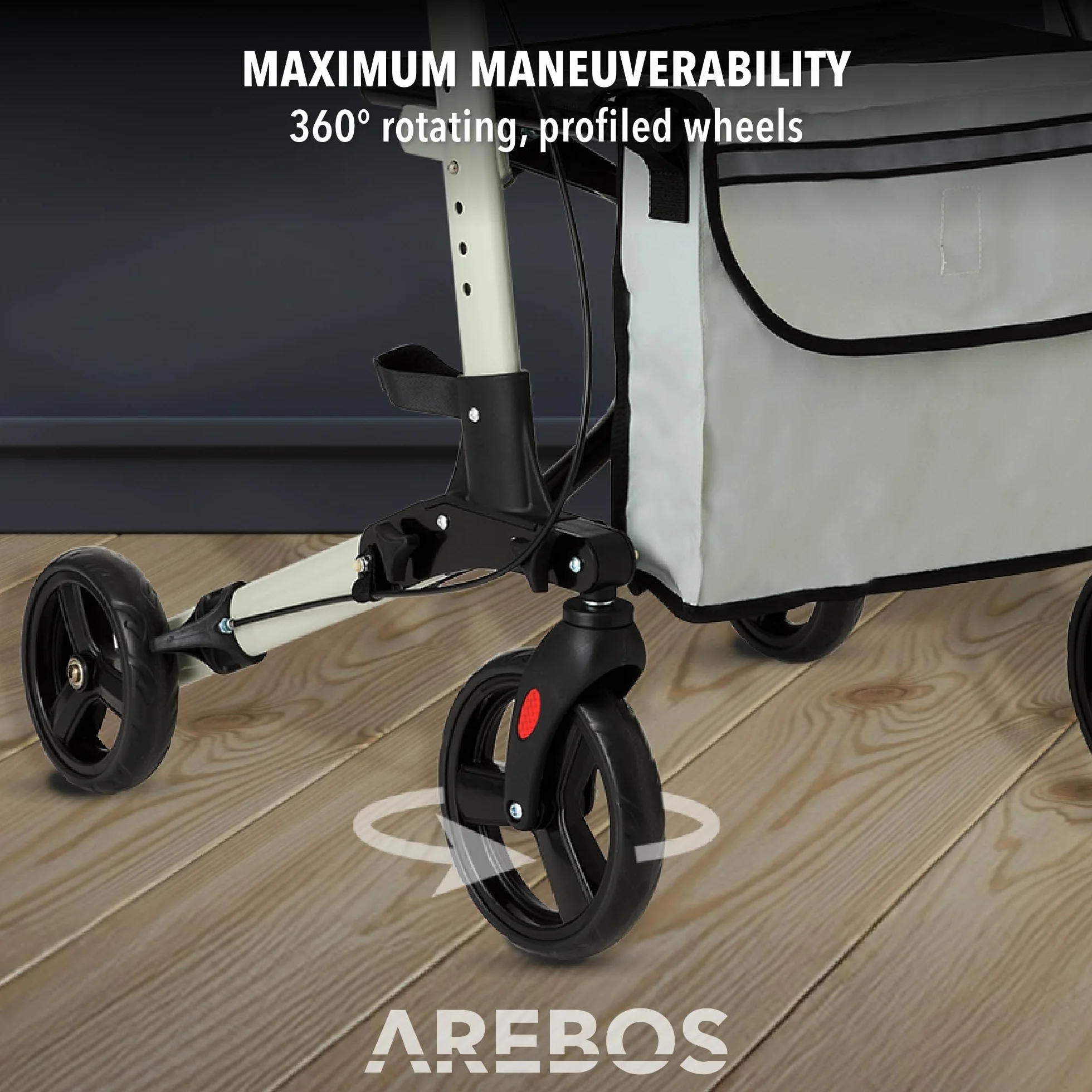 Arebos Rollator 4 Koła Składany z Siedziskiem i Oparciem, Regulacja Wysokości, Torba na Zakupy, Maks. 136 kg