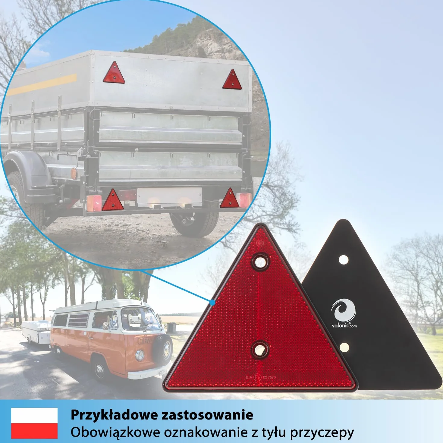 valonic trójkąt odblaskowy, 2 szt. - certyfikat ECE: R3.02 klasa IIIA (dla ruchu drogowego)- 15cm - odblaski do przyczep - czerwony - brak śrub w zestawie