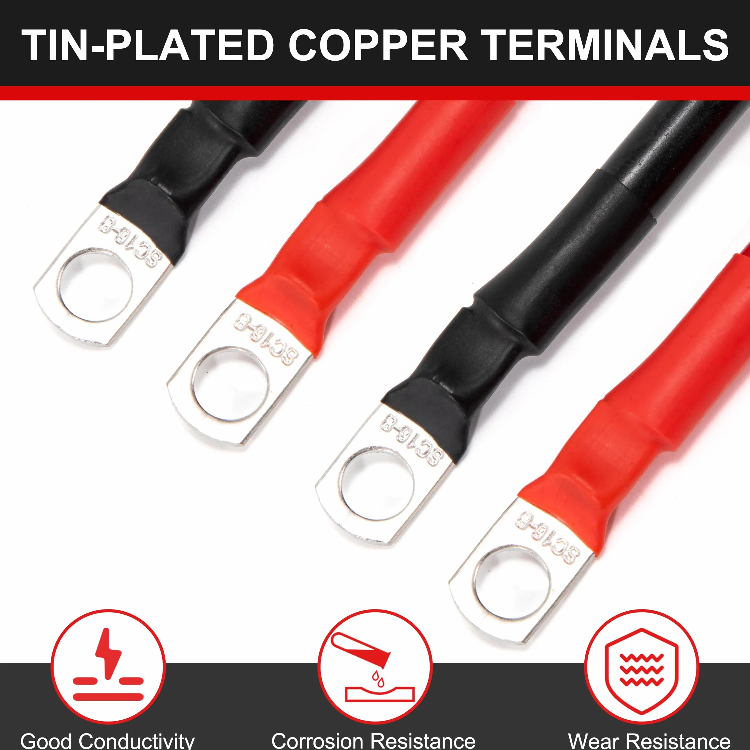 kable akumulatorowe 14mm² 30cm kabel do akumulatora 12V 6AWG miedziany z kleszczami M8 do samochodu, motocykla, jednostki morskiej, solarnej, kolor: czarny i czerwony, 2 sztuki