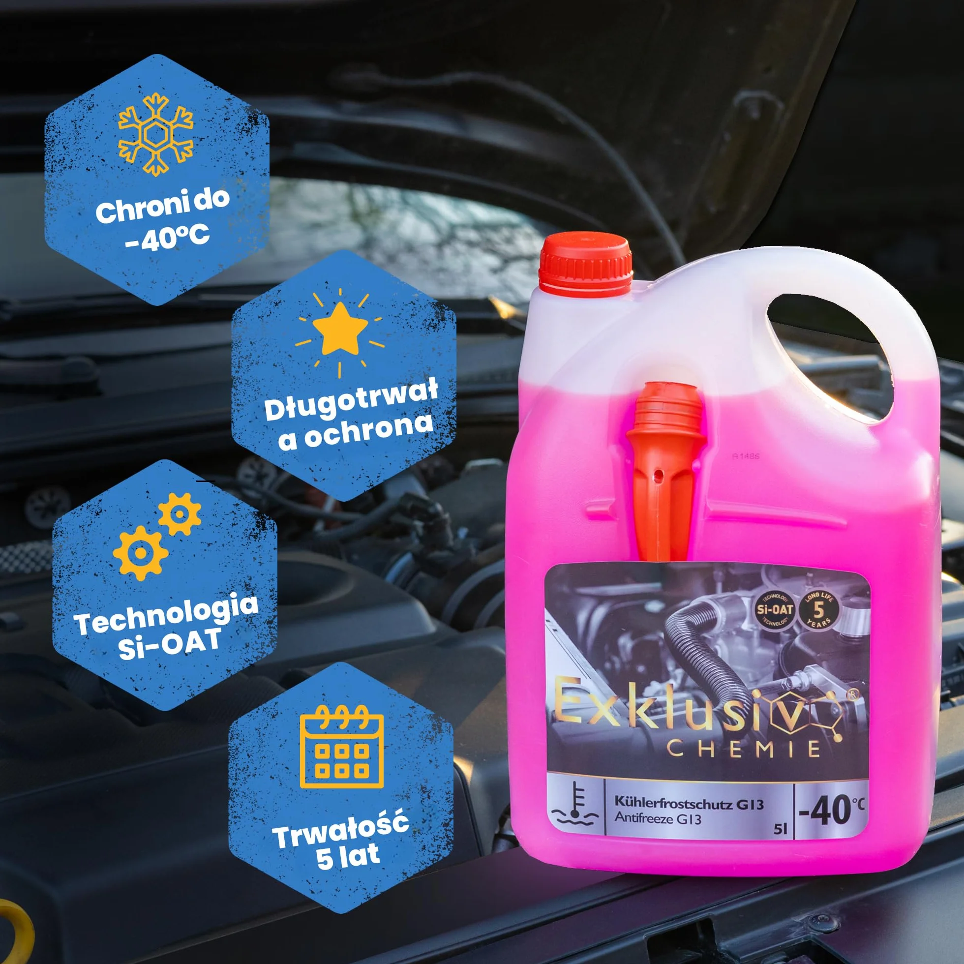 Exklusiv Chemie 5 liter G13 Radiator Antifreeze 5 år | Kylvätska bil till -40° | G13 Coolant car | Klar för användning | Långvarigt skydd av motordelar