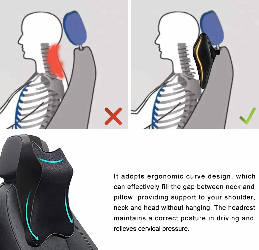 Zagłówek,Zagłówek Samochodowy, Podparcie szyi, Poduszka na Zagłówek Samochodowy, Car Seat Headrest - Ergonomiczna Pianka Memory,ulga przy zmęczeniu, oddychająca, zdejmowana poszewka na poduszkę