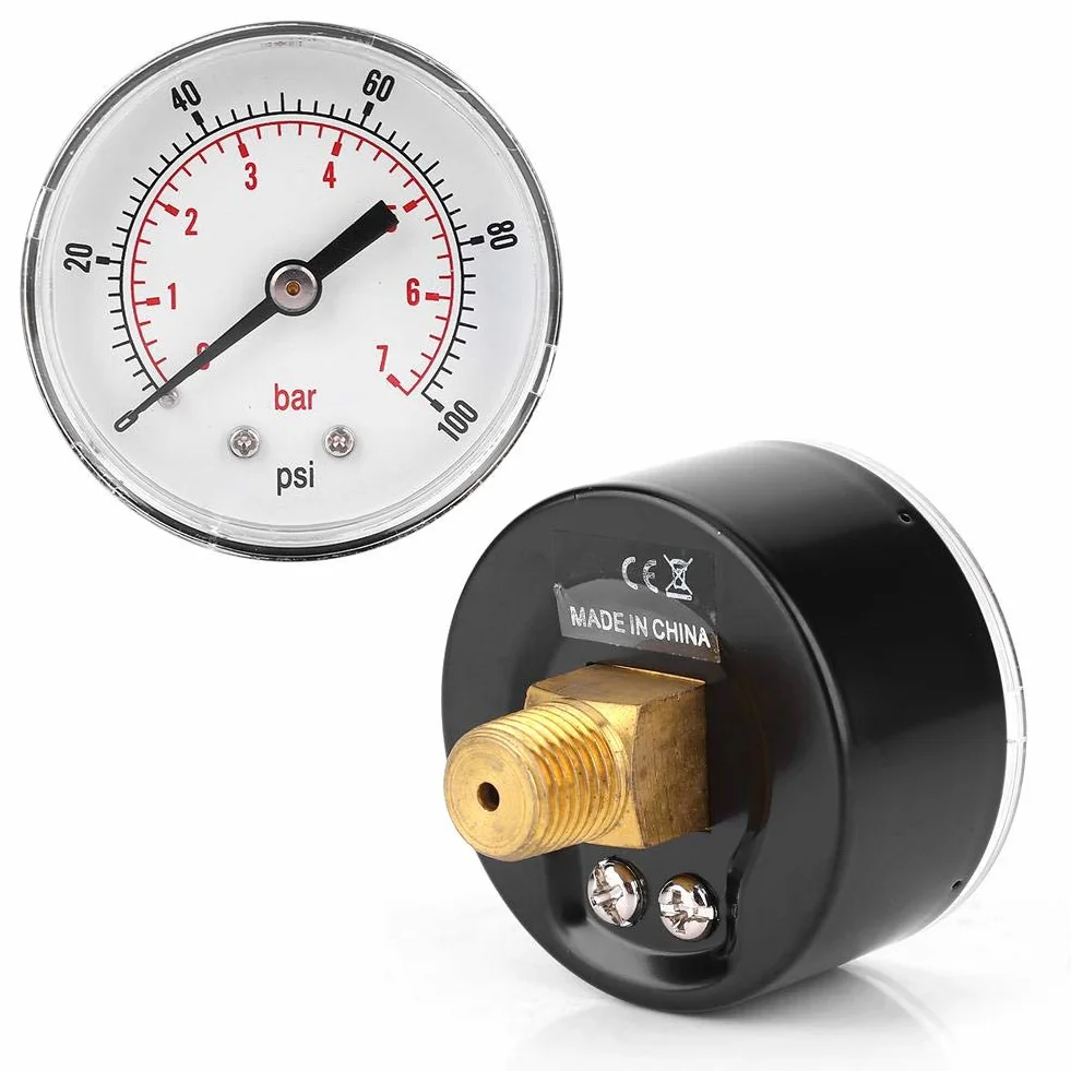 Manometer, 50mm Zifferblatt 1/4 BSPT Axial Manometer für Luft, Wasser, Öl und Gas(0-100psi 0-7bar)