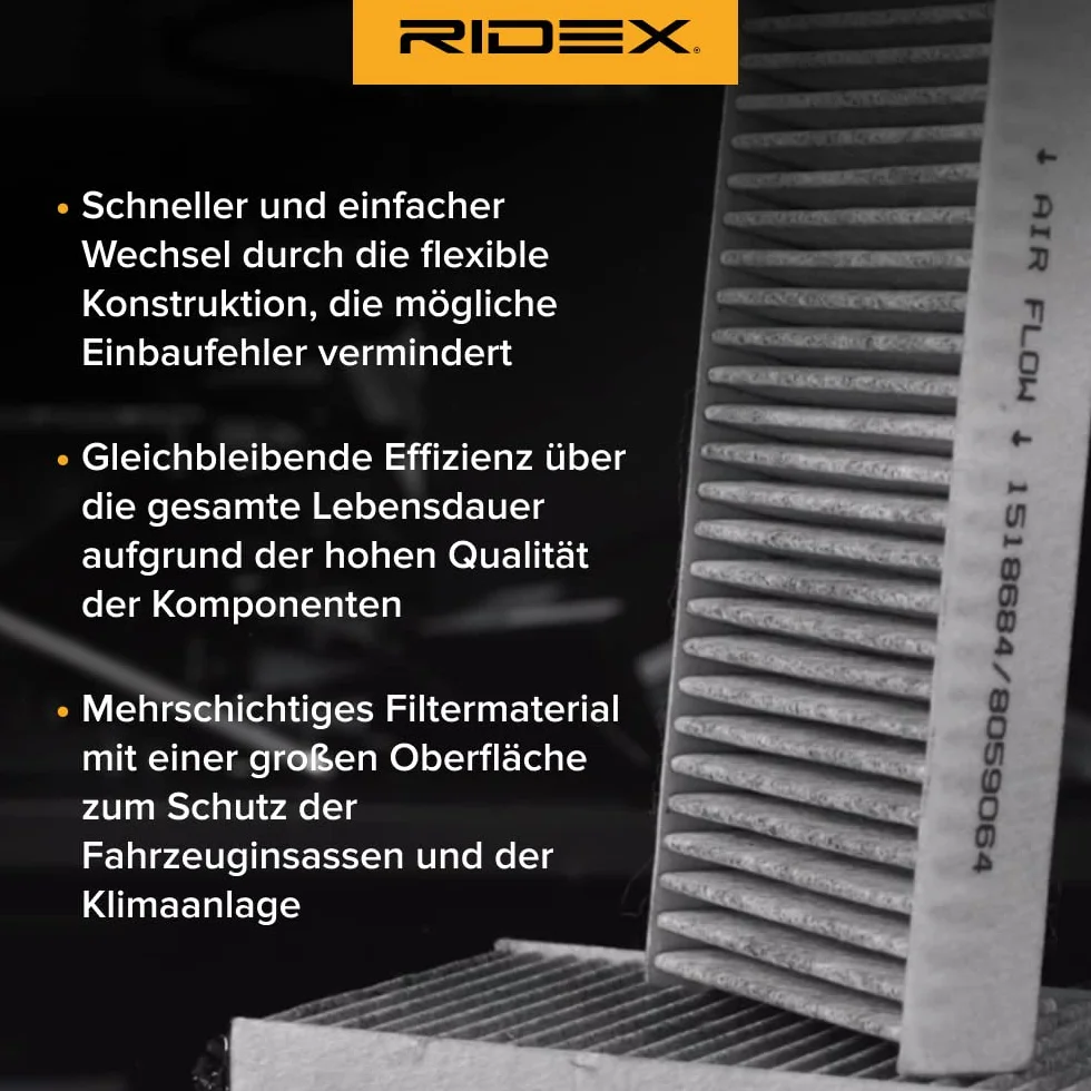 Filtr Kabinowy RIDEX 424I0072 W: 26 mm S: 195 mm D: 217 mm Kompatybilny z VW Golf IV Hatchback 1J1 PASSAT Variant 3B5 PASSAT Variant 3A5, 35I PASSAT 3B2 CADDY IV nadwozie pełne SAA, SAH KAEFER