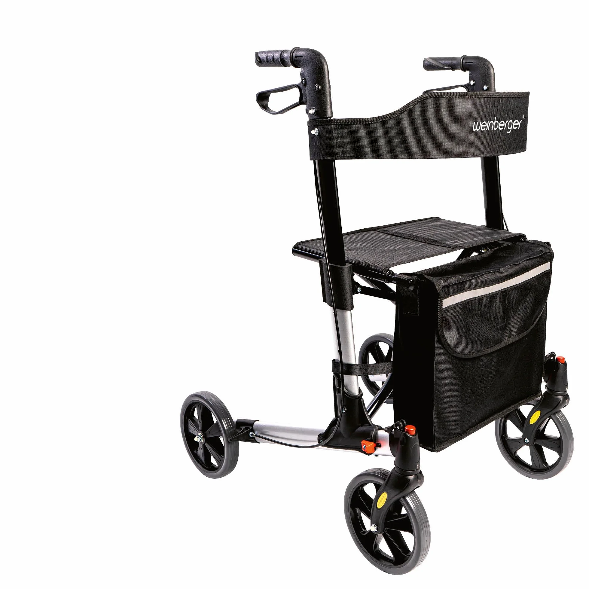 WEINBERGER leichter klappbarer Alu-Rollator all-Inclusive mit Tasche Stockhalter Bremsen, 7,3 kg, höhenverstellbar, Silber-Schwarz