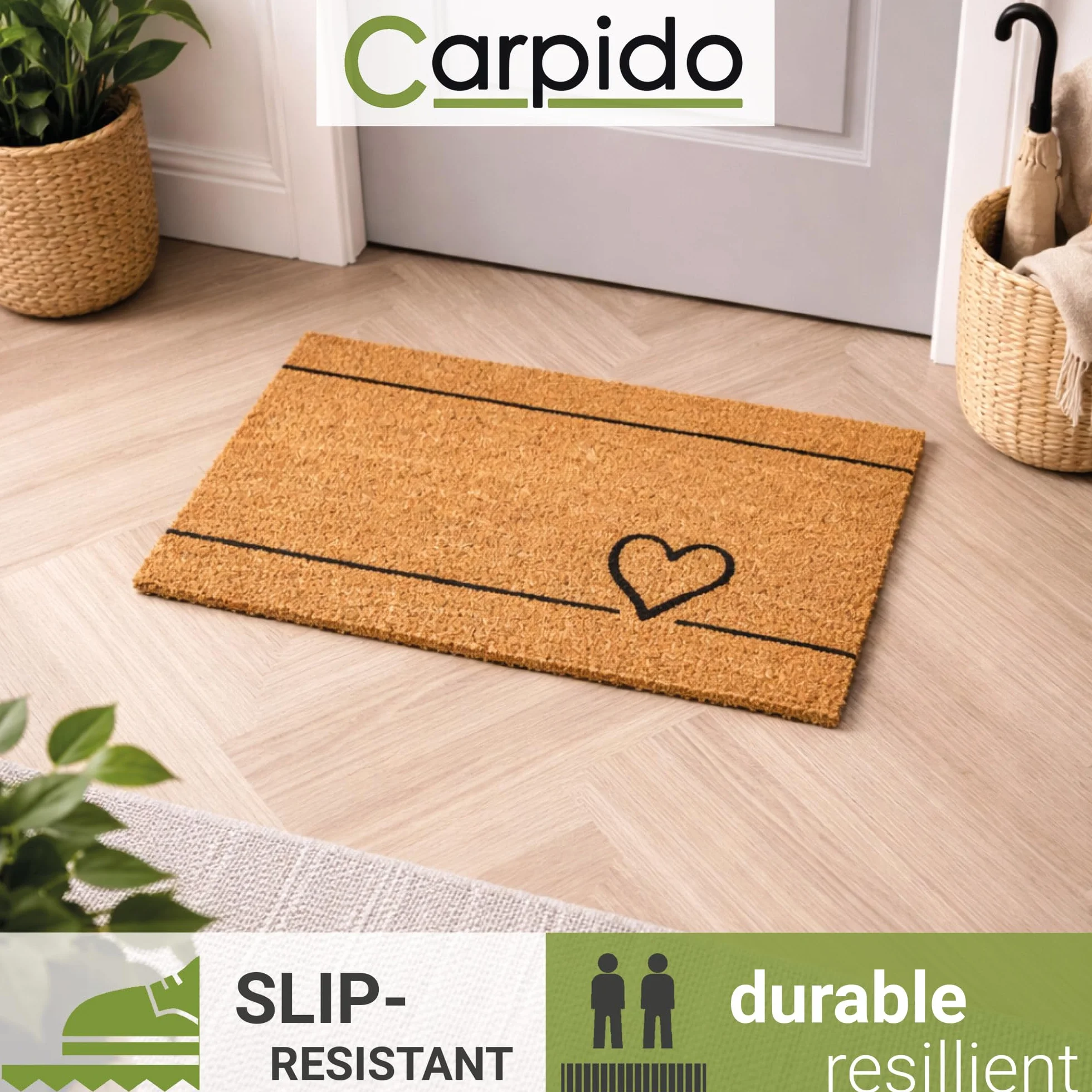 Carpido Wycieraczka kokosowa linia serca – wycieraczka 40 x 60 cm (prostokątna) – antybakteryjna mata wejściowa z naturalnego materiału – 100% kokos do użytku wewnątrz i na zewnątrz
