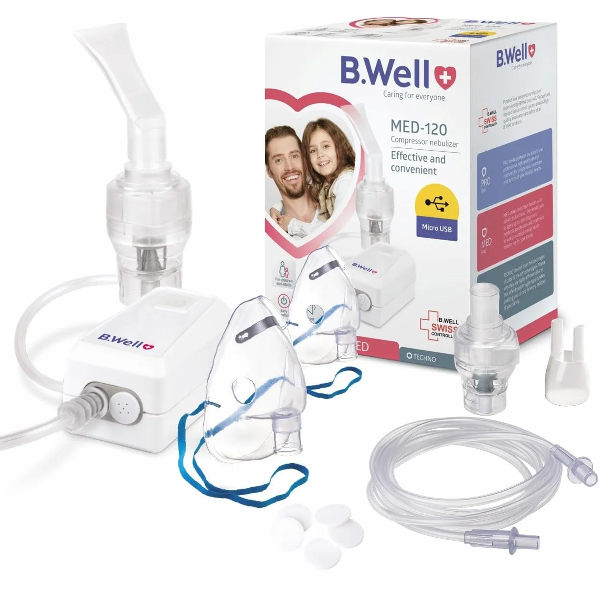B.Well Inhalator Nebulizator Tłokowy 44 dB 100x54x51 mm z Maskami