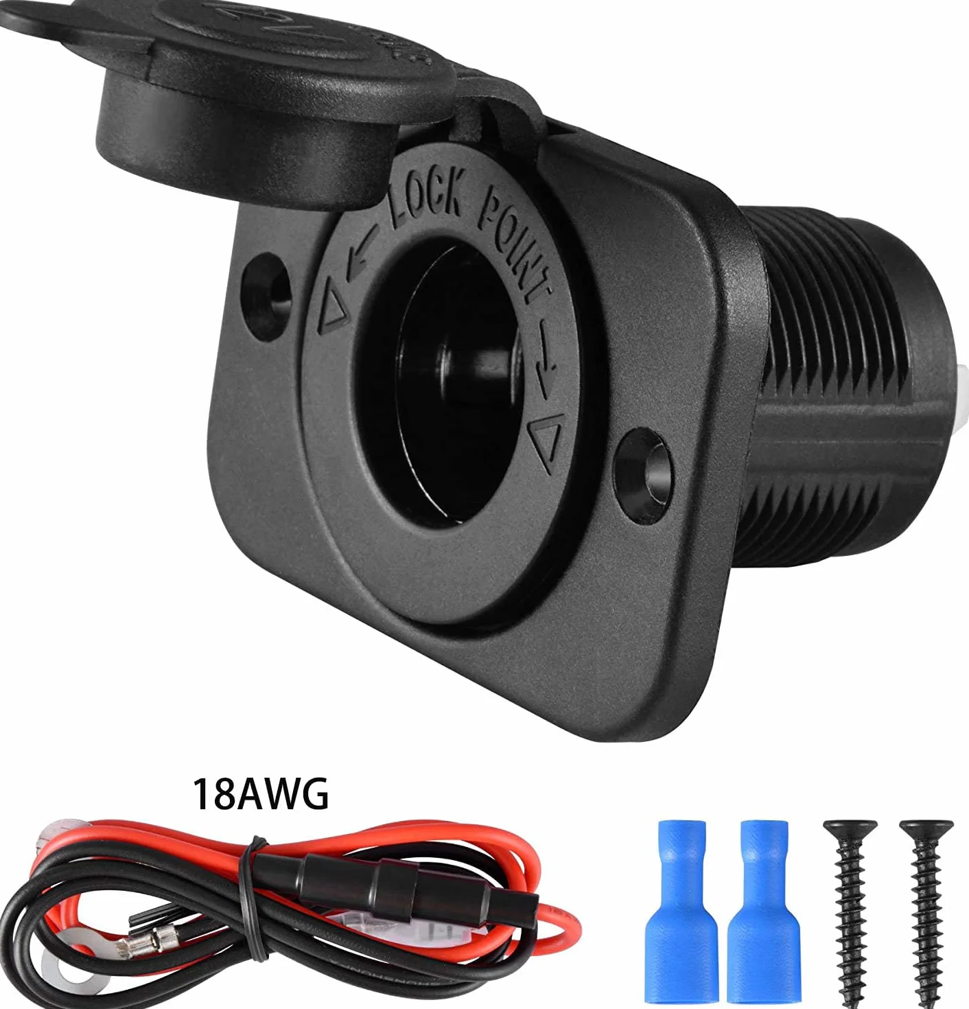 GTIWUNG Gniazdko zapalniczki samochodowej, wodoszczelne, 12 V, 12 V/24 V, prąd stały, panel z kablem przyłączeniowym 18 AWG 60 cm, do motocykla, marynarki, kampera, 2 szt