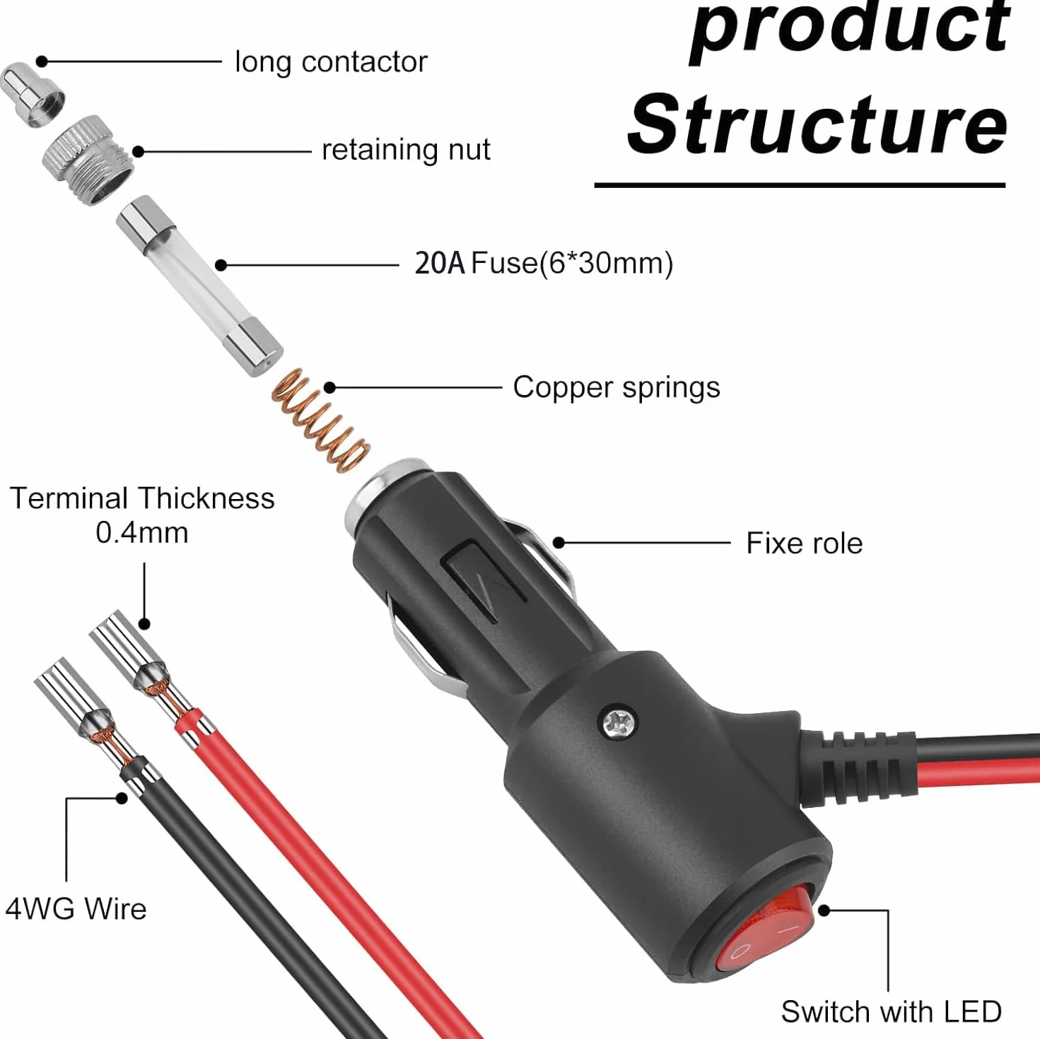 Wtyczka do zapalniczki samochodowej z przełącznikiem Kabel przedłużający 12-24 V Uniwersalna wtyczka z kablem 14 AWG 30 cm 20 A do połączenia zasilania DC w samochodach, łodziach itp.
