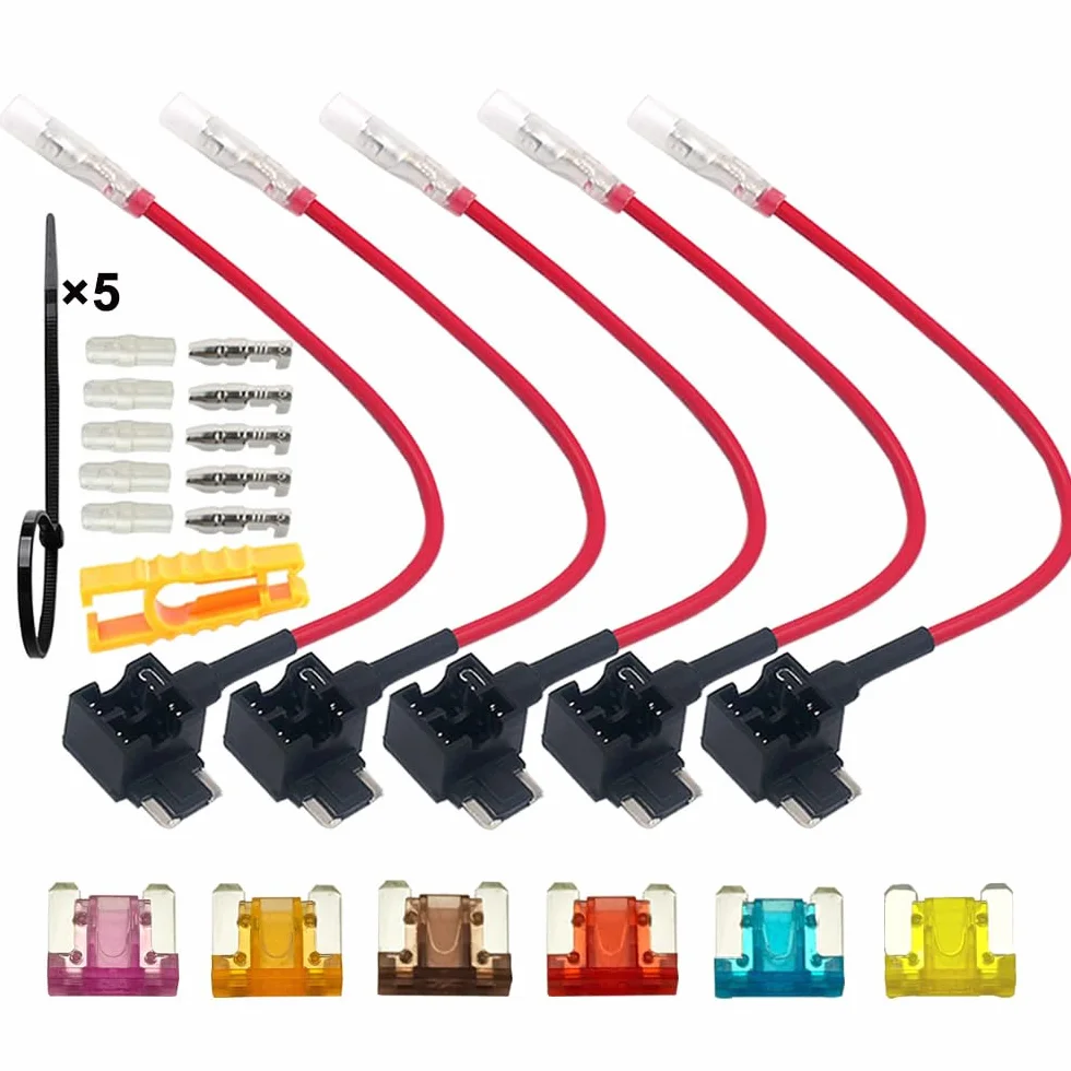 5 sztuk Premium 12 V / 24 V ACN niskoprofilowy zawór bezpiecznikowy dodatkowy obwód, uchwyt bezpiecznika Piggyback, z wiązką przewodów i 6 szt. darmowe mikrobezpieczniki