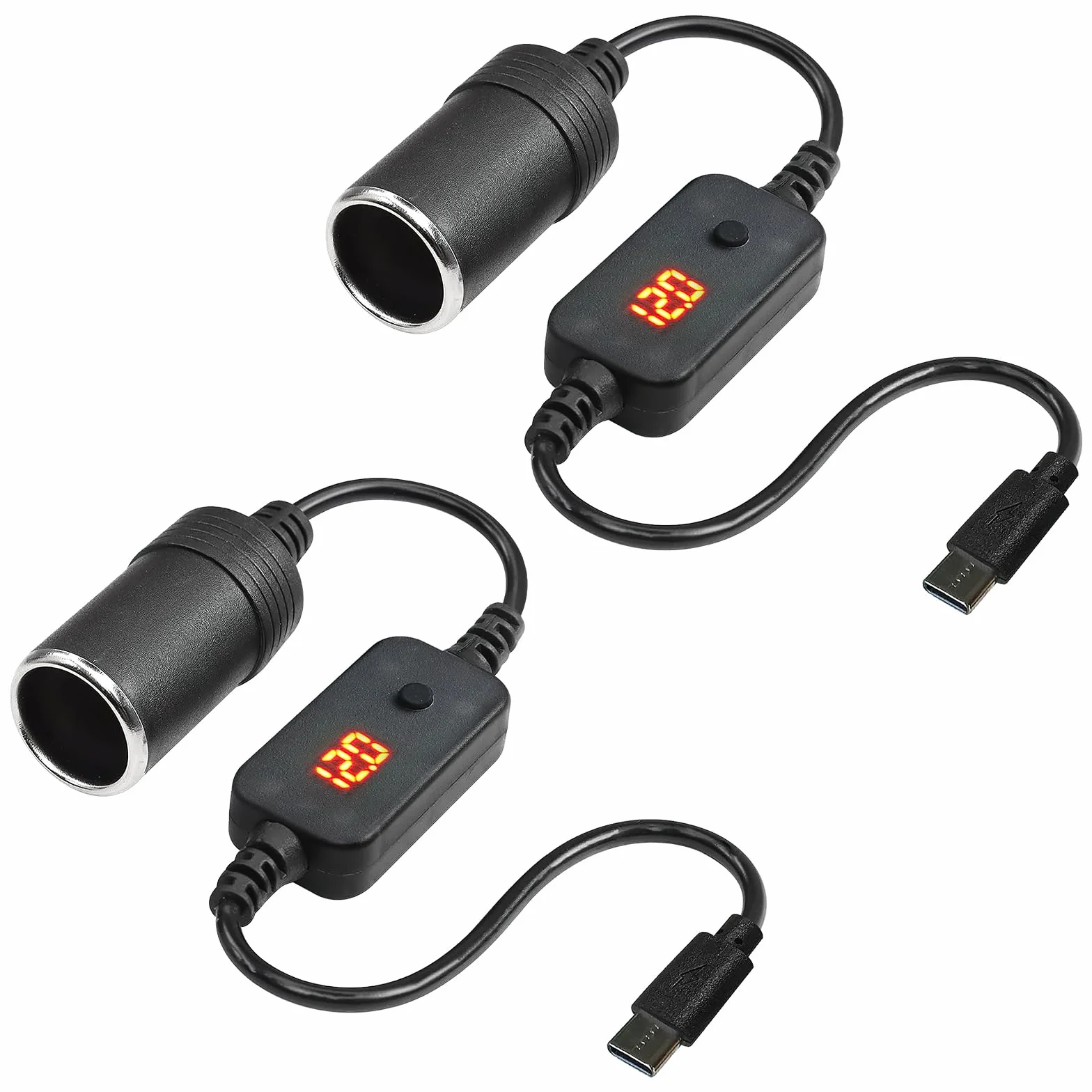 2 sztuki USB do zapalniczki samochodowej 12 V, adapter USB C na 12 V, adapter do zapalniczki samochodowej z woltomierzem, regulowane napięcie 5 V/9 V/12 V, wskaźnik odpowiedni do ładowarki