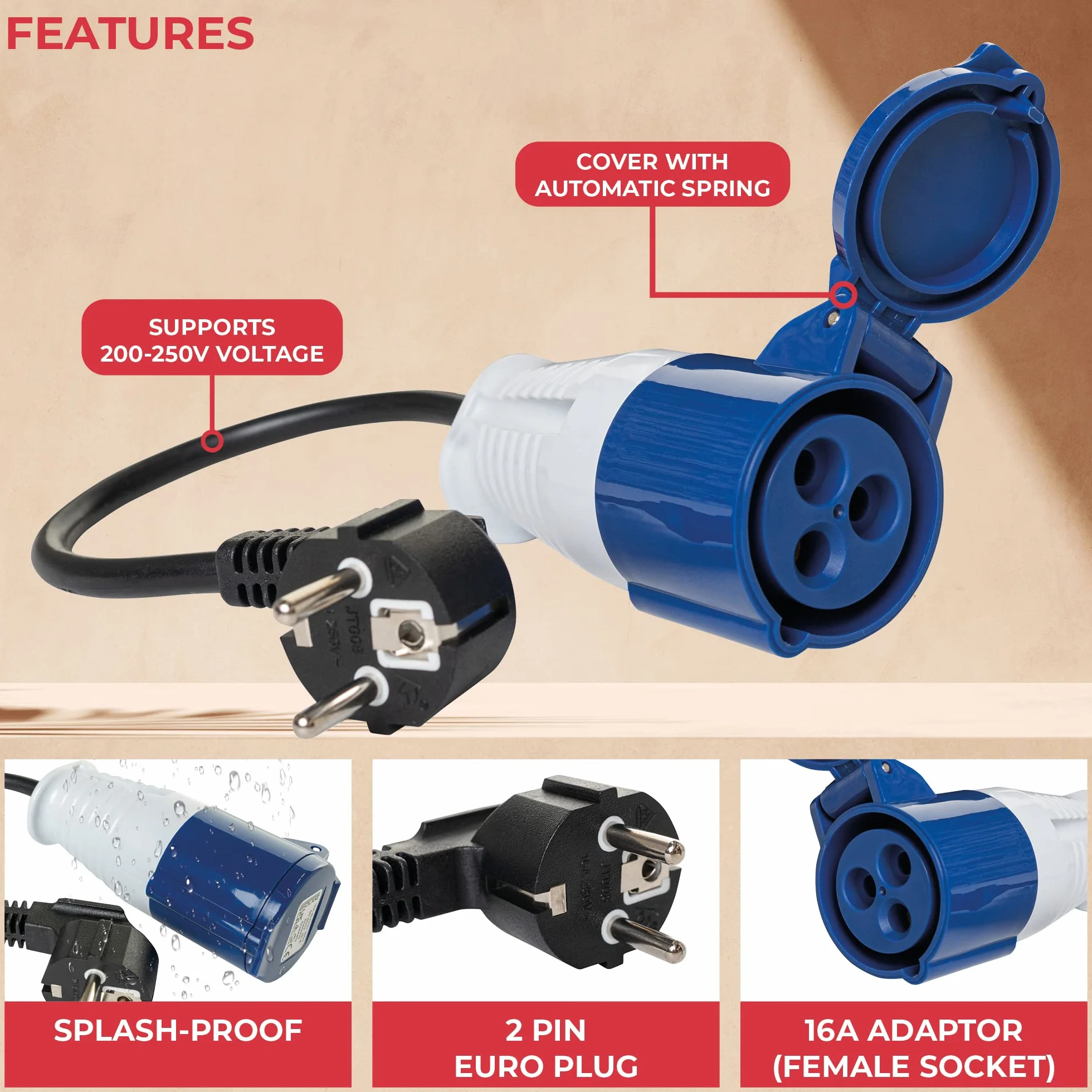 GADLANE Adapter wtyczki kempingowej 16 A – europejski elektryczny adapter kempingowy, wodoodporność IP44 – zewnętrzna wtyczka CEE do samochodu kempingowego do podłączenia do kempingu, długość 35 cm