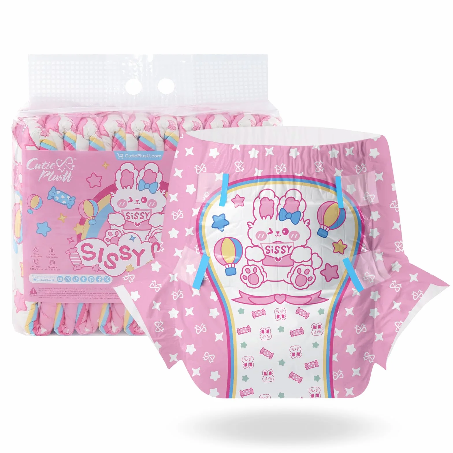 CutiePlusU Pieluchy dla dorosłych 10 sztuk jednorazowe majtki inkontynencyjne z zakładkami maksymalna chłonność na noc Sissy Baby duże 91-112 cm