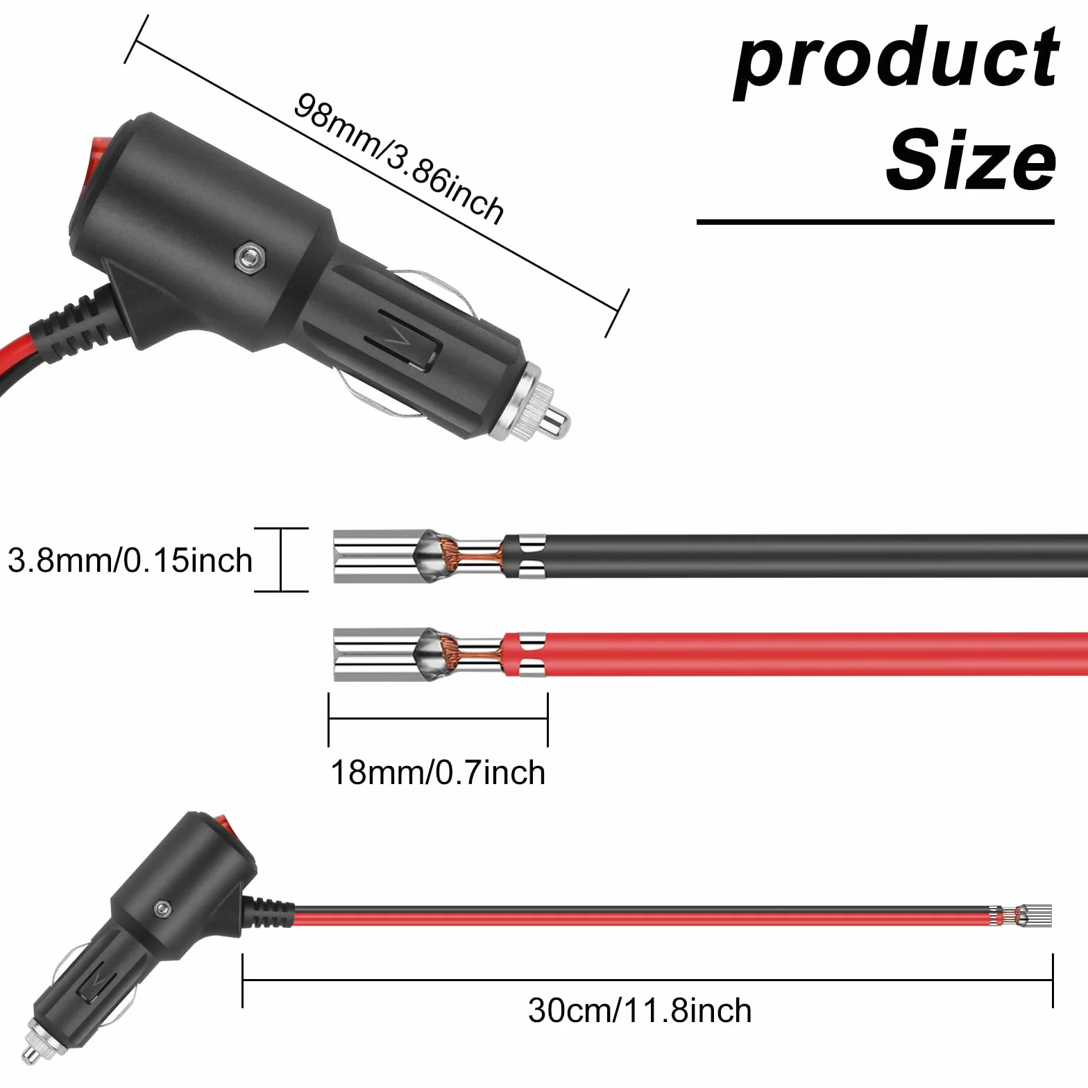 Wtyczka do zapalniczki samochodowej z przełącznikiem Kabel przedłużający 12-24 V Uniwersalna wtyczka z kablem 14 AWG 30 cm 20 A do połączenia zasilania DC w samochodach, łodziach itp.
