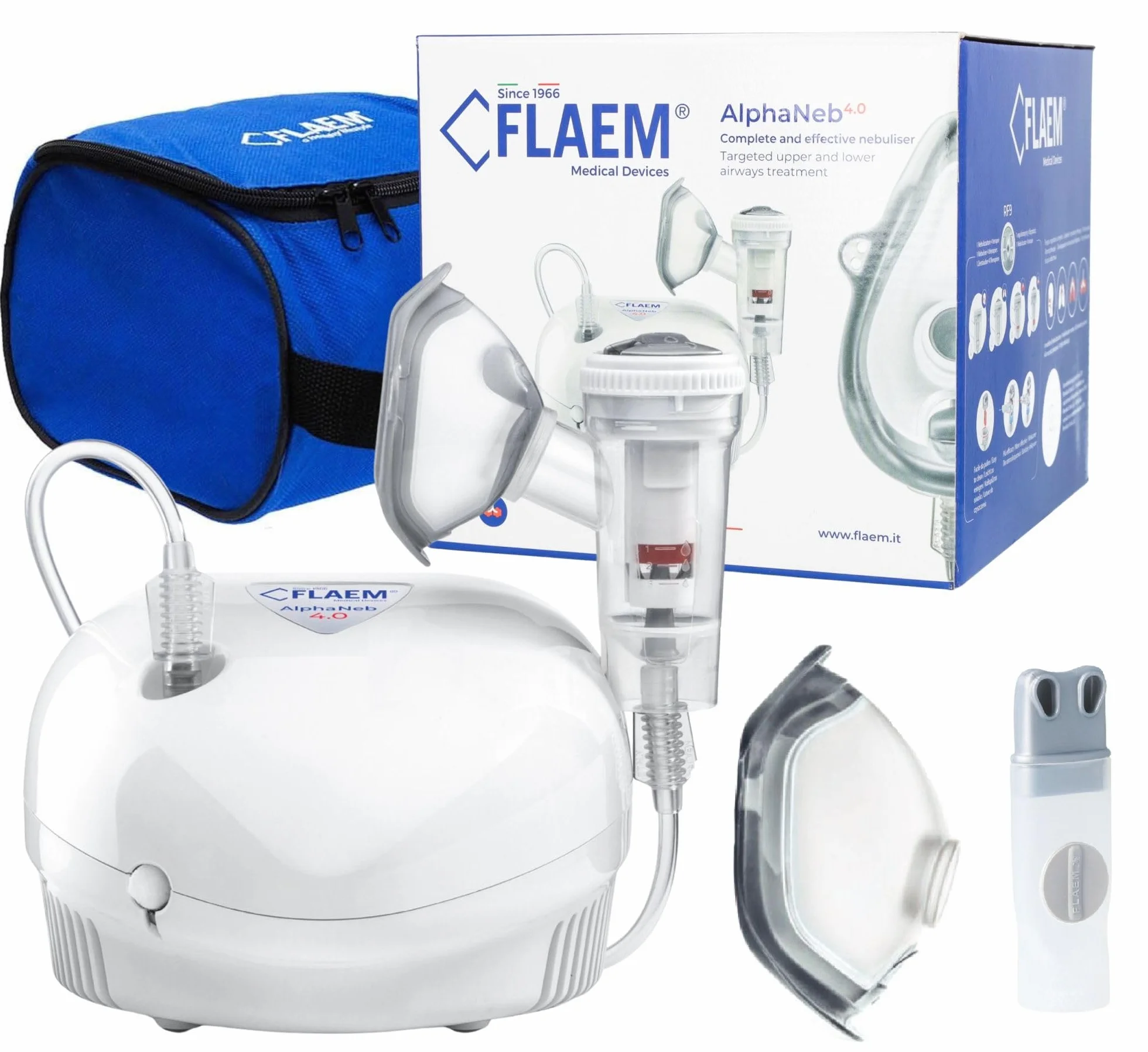 FLAEM ALPHANEB 4.0 Inhalator Pneumatyczno-tłokowy Nebulizator RF9, 4 Poziomy Regulacji, Praca Ciągła