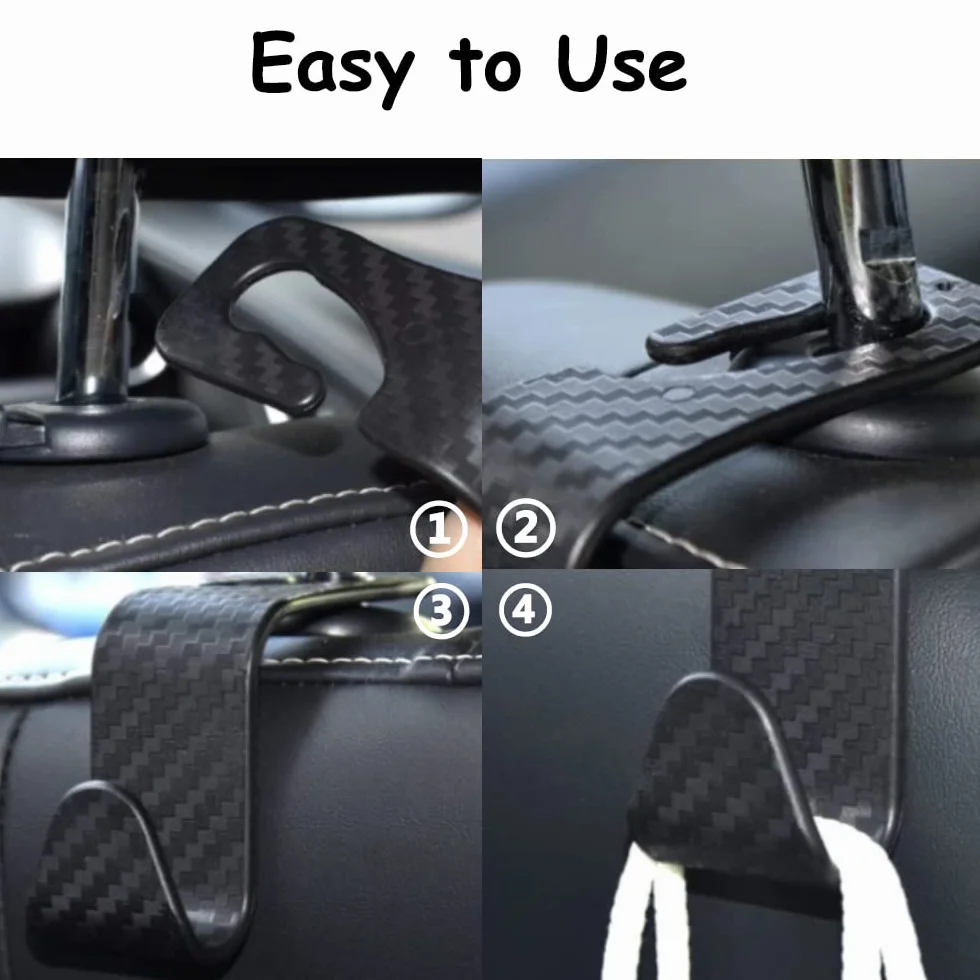 Haczyki na zagłówki samochodowe, uniwersalny haczyk na oparcie fotela samochodowego, uchwyt na zagłówek tylnego siedzenia samochodowego, czarny (4 sztuki) (Carbon Fiber Black)