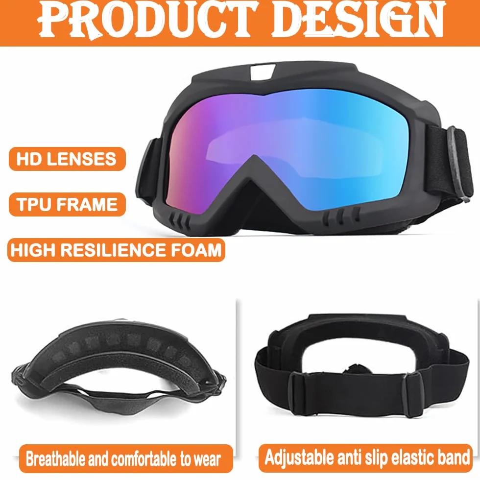 Gogle narciarskie, okulary UV-motocrossowe, okulary do sportów na świeżym powietrzu, do jazdy konnej, wspinaczki/narciarstwa (czarna ramka + kolorowe soczewki)