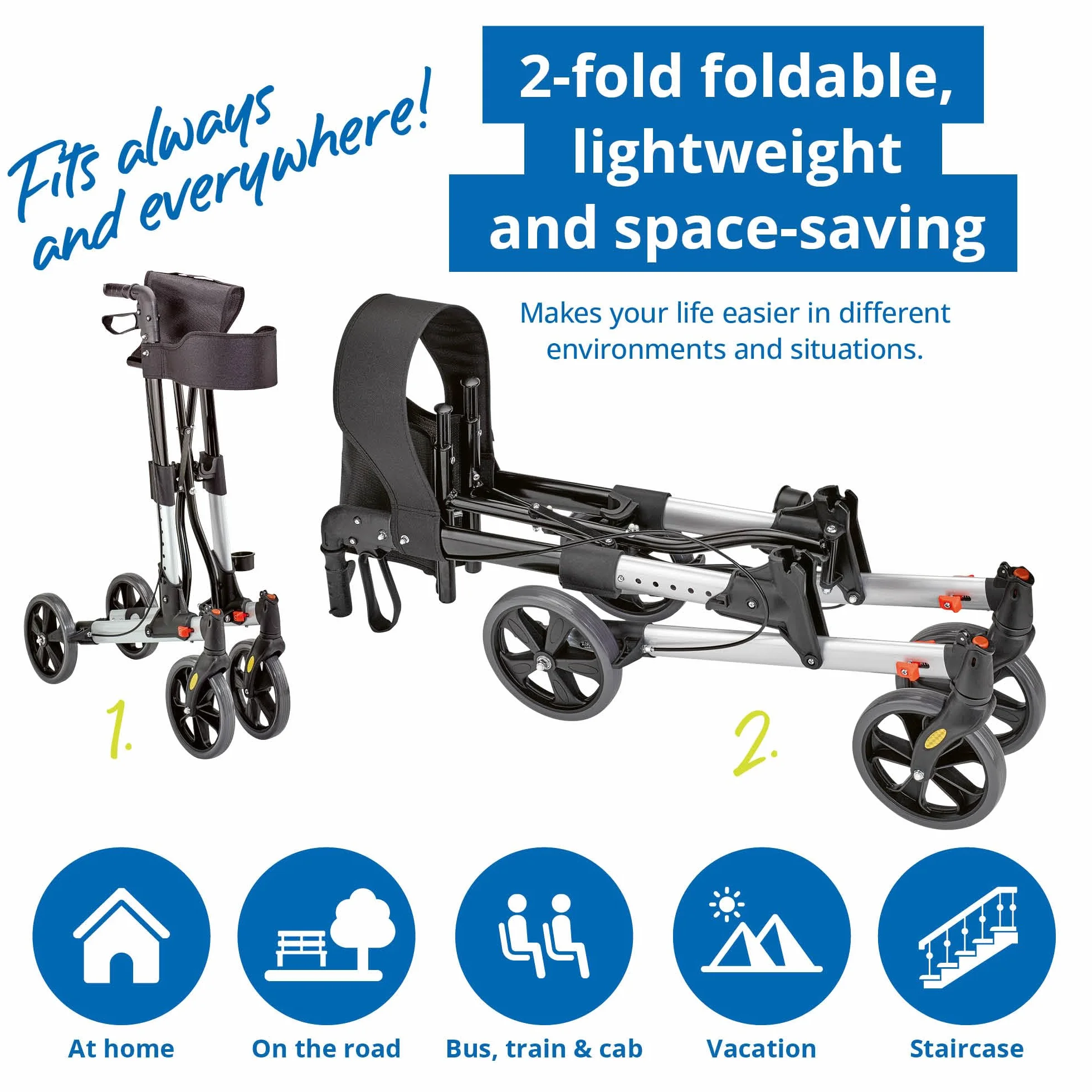 WEINBERGER leichter klappbarer Alu-Rollator all-Inclusive mit Tasche Stockhalter Bremsen, 7,3 kg, höhenverstellbar, Silber-Schwarz