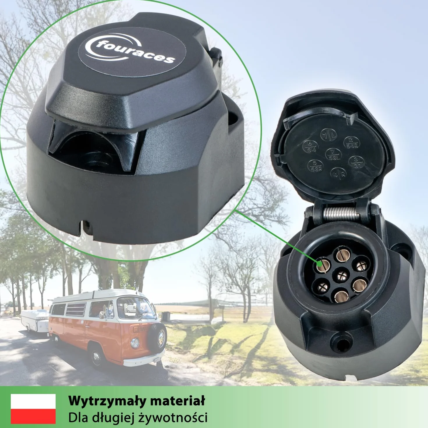 fouraces gniazdo przyczepy - 7-pin, szablon - do samochodów, pojazdów silnikowych i ciągników - sprzęg przyczepy, akcesoria, części zamienne, gniazdo, czarne