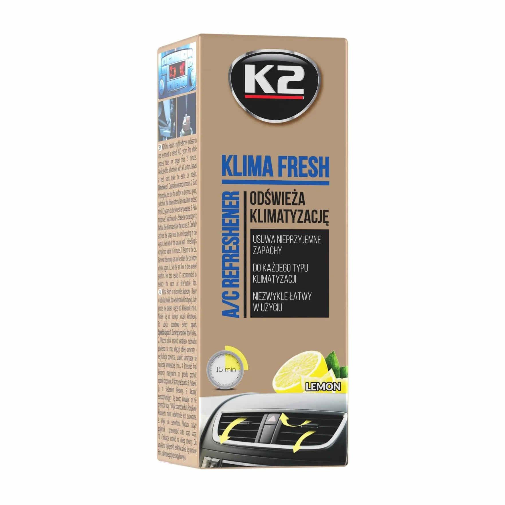 K2 Środek do czyszczenia klimatyzacji A/C Klima Fresh, czyści i odświeża, serwis klimatyzacyjny, pozostawia świeży zapach, nadaje się do każdego samochodu 150 ml