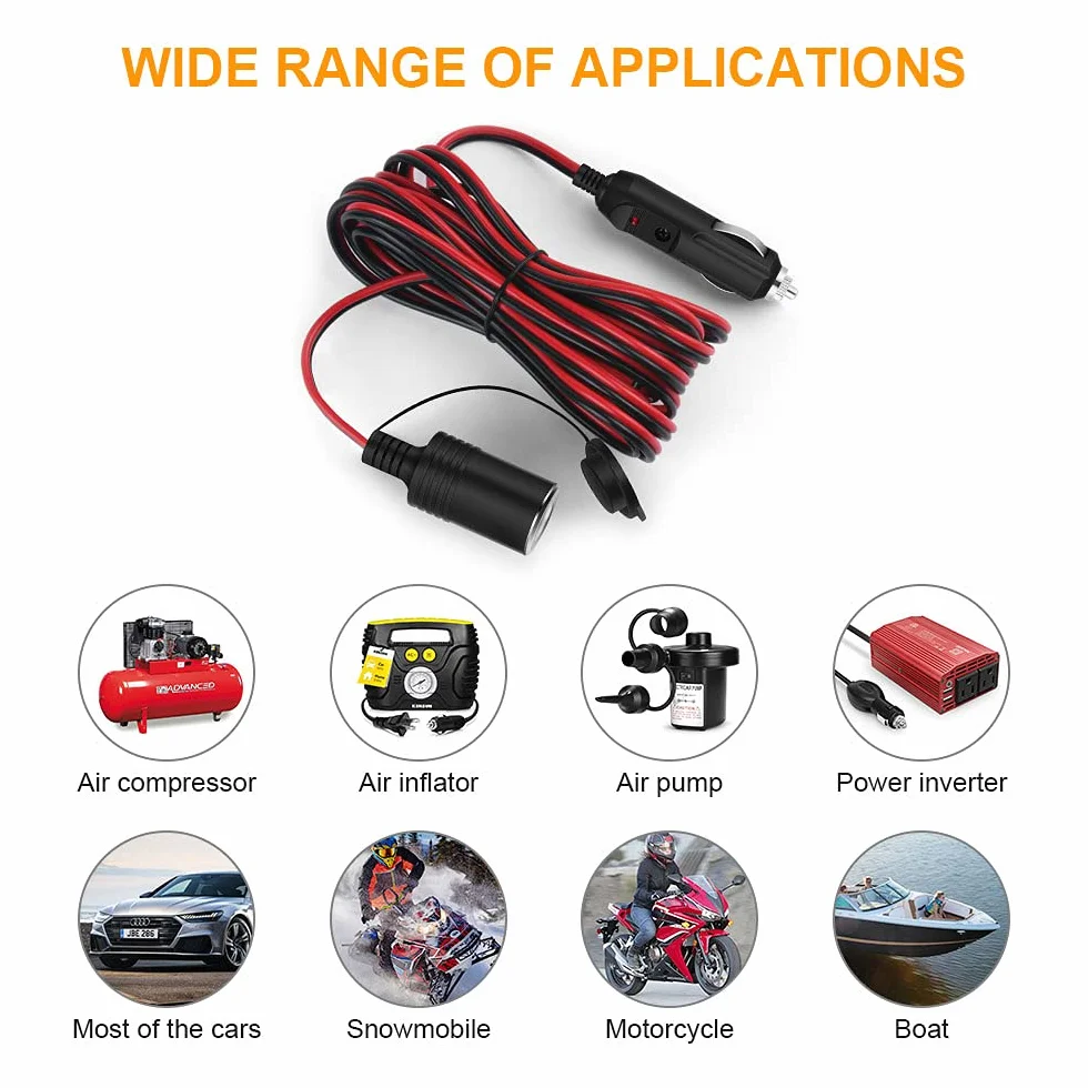 URAQT Kabel Zapalniczki Samochodowej, 12 V/24 V 17AWG Kabel Zapalniczki z 15A Bezpiecznikiem, Kabel Przedłużający do Gniazda Samochodowego (4.6M)