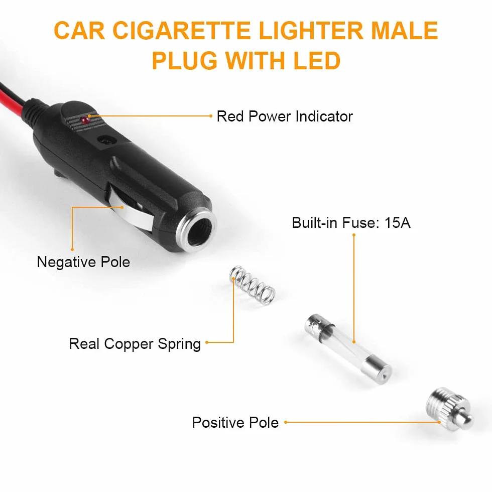 URAQT Kabel Zapalniczki Samochodowej, 12 V/24 V 17AWG Kabel Zapalniczki z 15A Bezpiecznikiem, Kabel Przedłużający do Gniazda Samochodowego (4.6M)