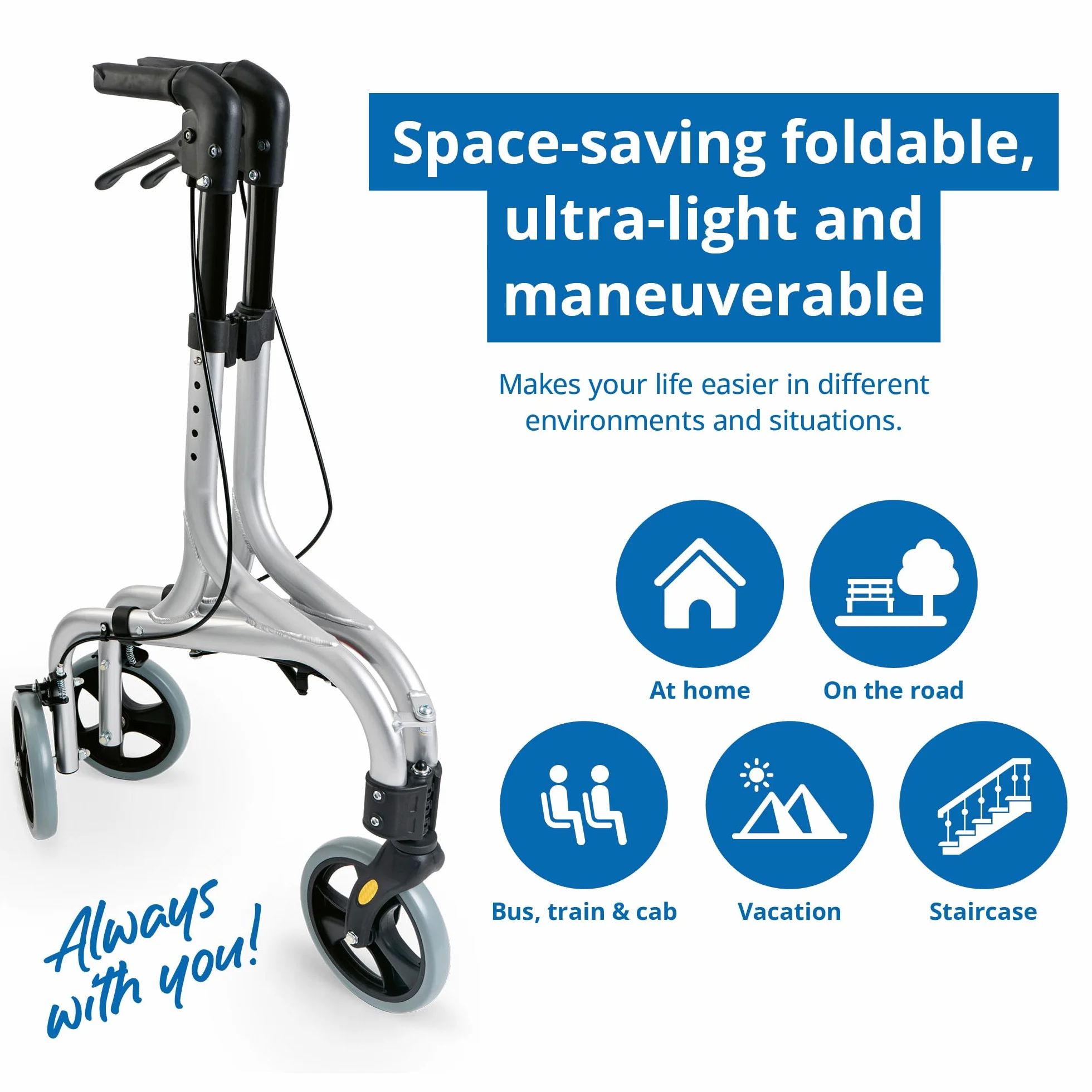 WEINBERGER Aluminium Rollator faltbar 3 Räder 4,2 kg Silber-Schwarz Modell 02217